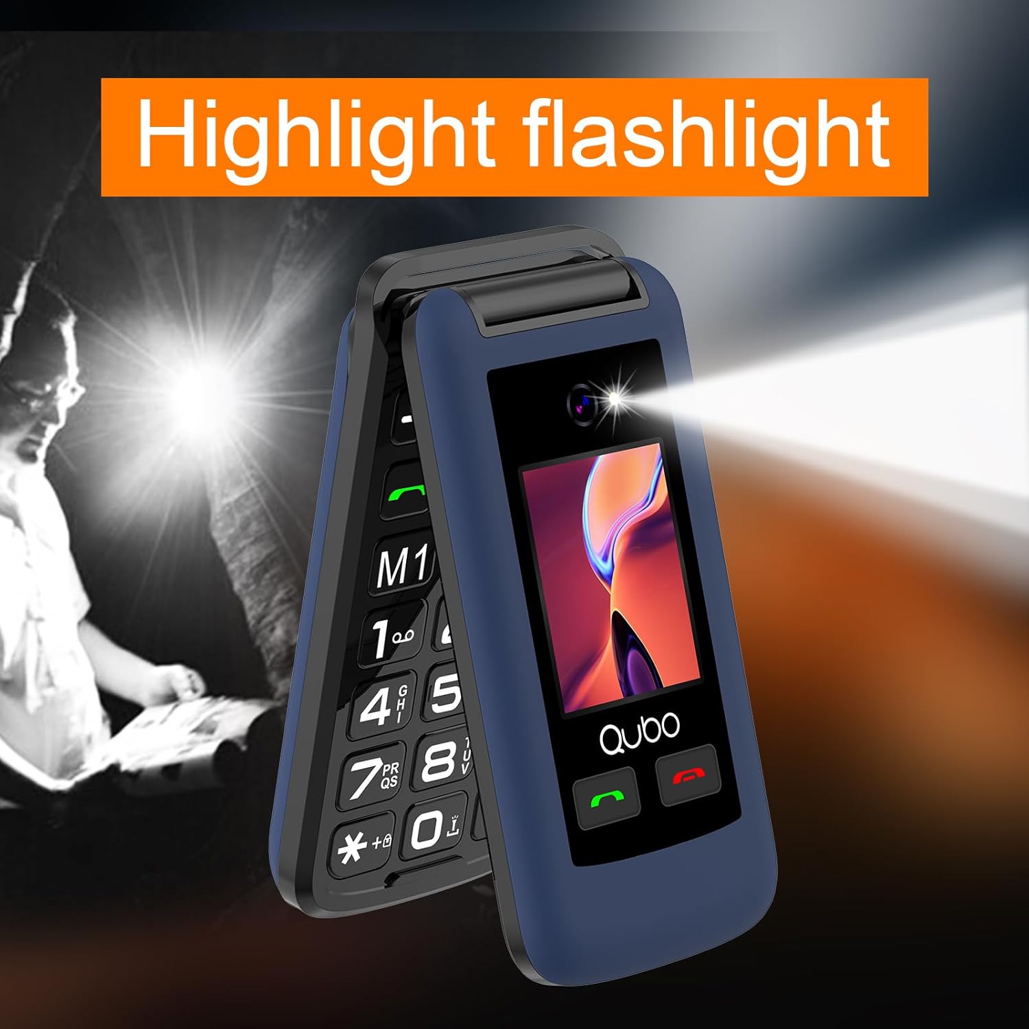 Qubo X247 Flip Phone with its LED flashlight activated in a dark environment.