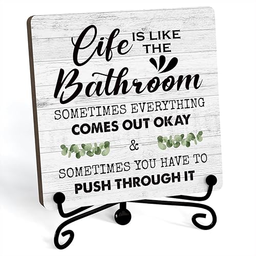 Miniatura 8 de Letreros divertidos de medio baño, letrero de escritorio de madera "Get Naked Just Kidding", arte rústico de baño, decoración de estante con soporte