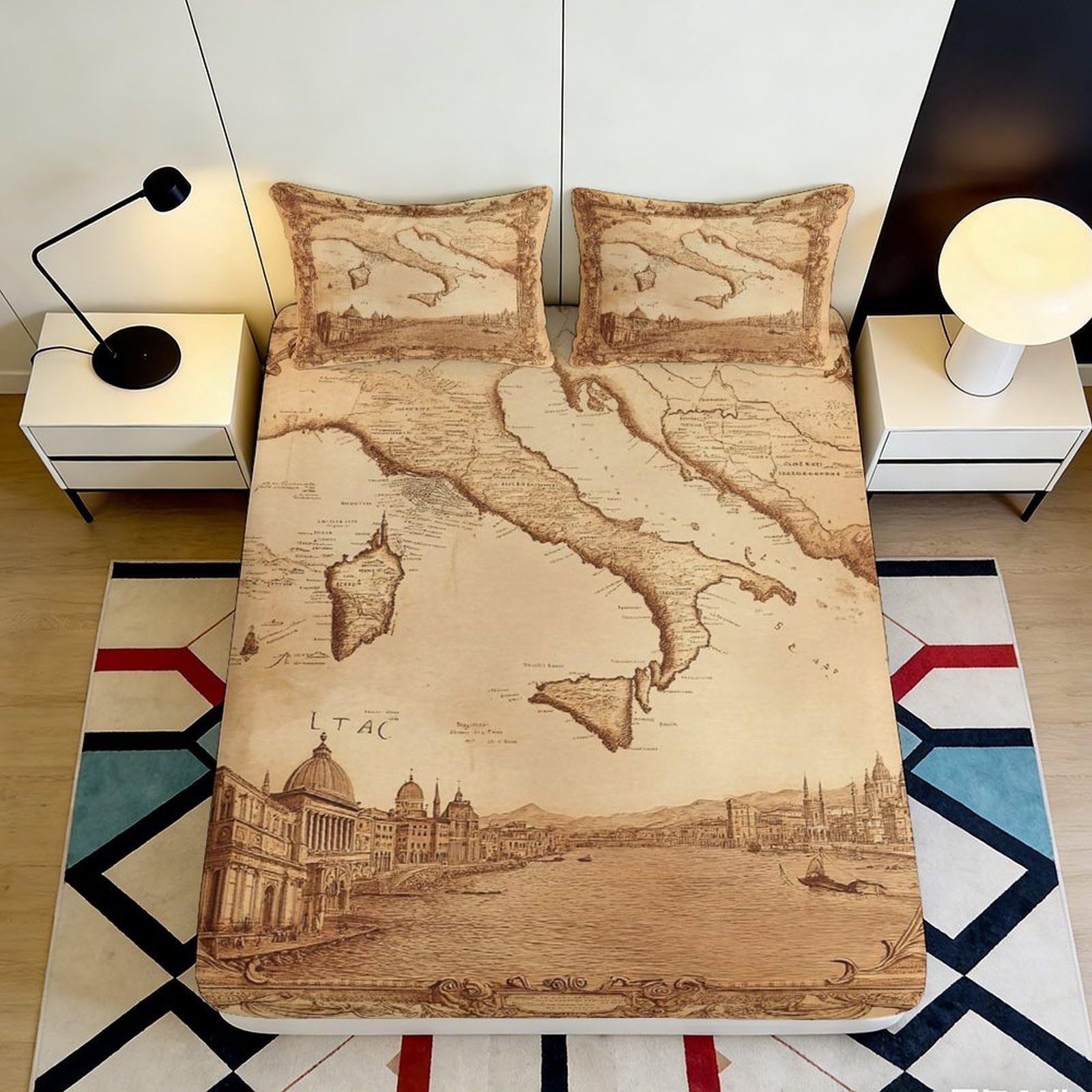 3D Printed Vintage Italy Map Fitted Sheet Microfiber Soft Bed Cover for Bedroom Dorm Mattress Protector Decor 90x200x25cm