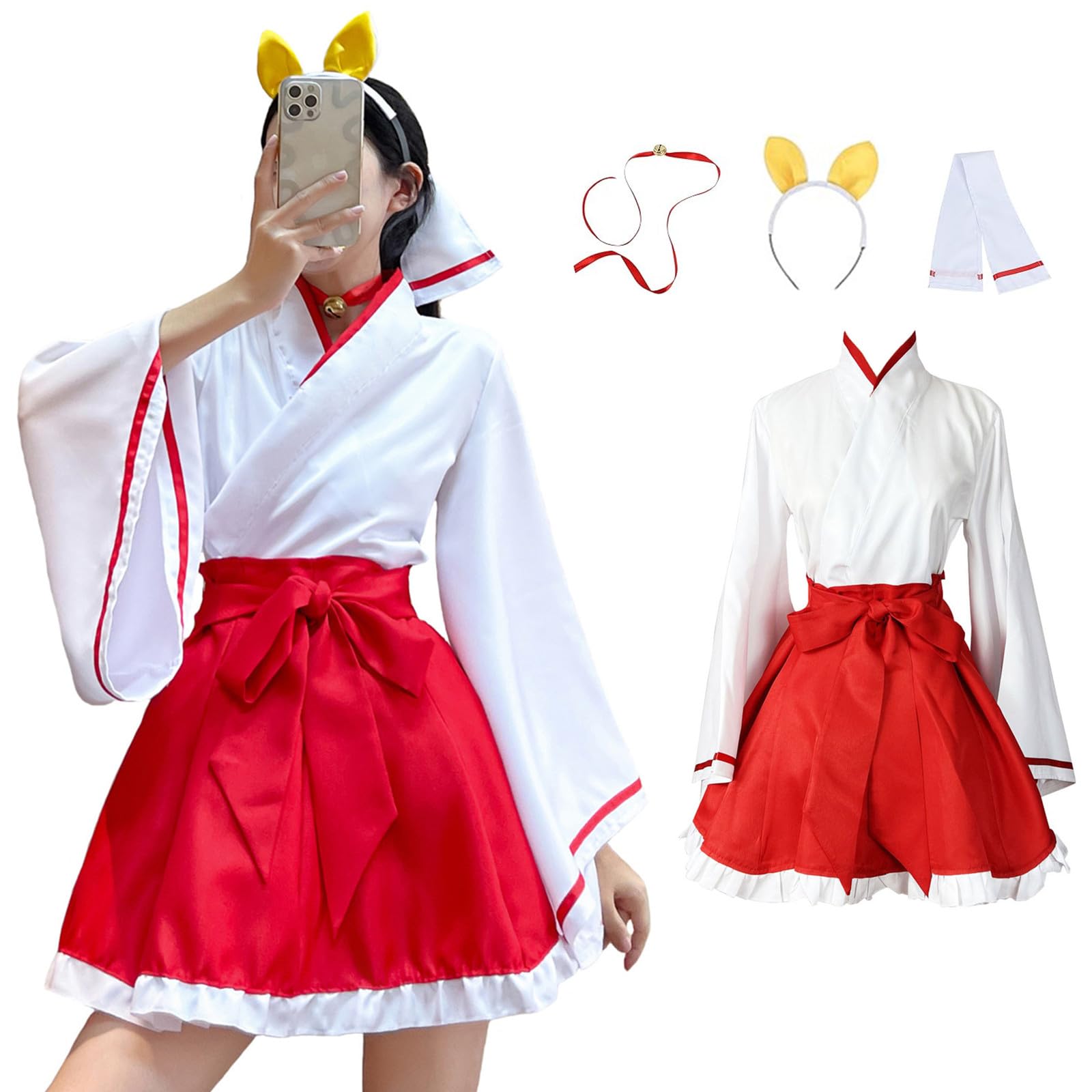 Miko Shrine Maiden Cosplay 5-Piece Set Mini Length White Red XL Costume