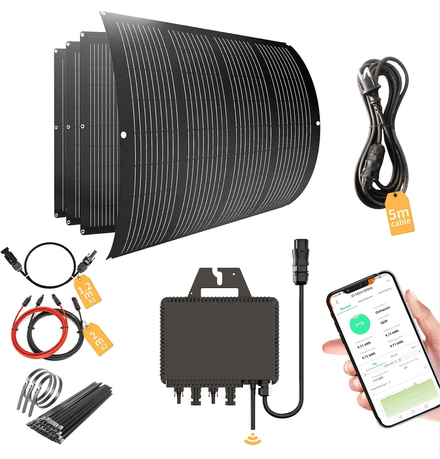 Balkonkraftwerk 800W_RC® MI2S-800D + 200W*4 Flexible Solarmodul + 5m AC Netzanschlusskabel + 1.2M/2M*2 DC Verlängerungskabel MC4 + Edelstahlbander, 0% MwSt