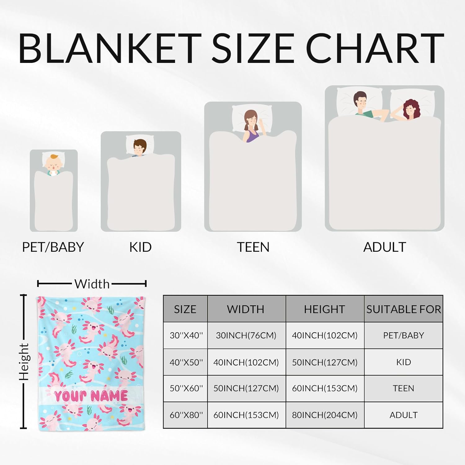 Custom Axolotl Gifts for Girls - 40" x 50" Inches Cartoon Axolotl Throw Blankets for Teens - Blue Lightweight Warm Blankets for Sofa, Bed & Crib