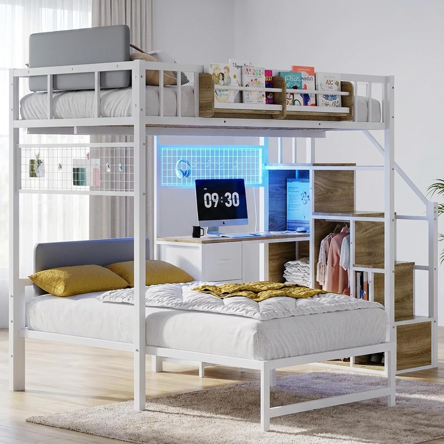 Kikihouse Twin Over Twin Loft Bunk Bed with Desk, Stairs, Drawers & Storage Shelves, L-Shaped Metal Bunk Bed with Charging Station & LED Light for Kids, Teens, Adults (Twin Over Twin)