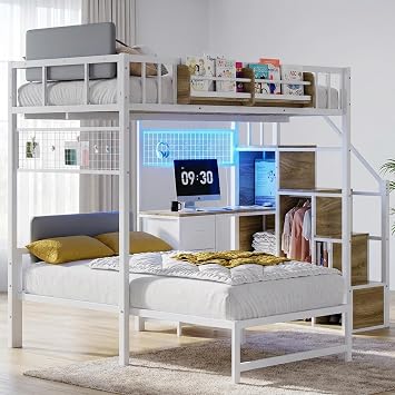 Kikihouse Twin Over Twin Loft Bunk Bed with Desk, Stairs, Drawers & Storage Shelves, L-Shaped Metal Bunk Bed with Charging Station & LED Light for Kids, Teens, Adults Twin Over Twin