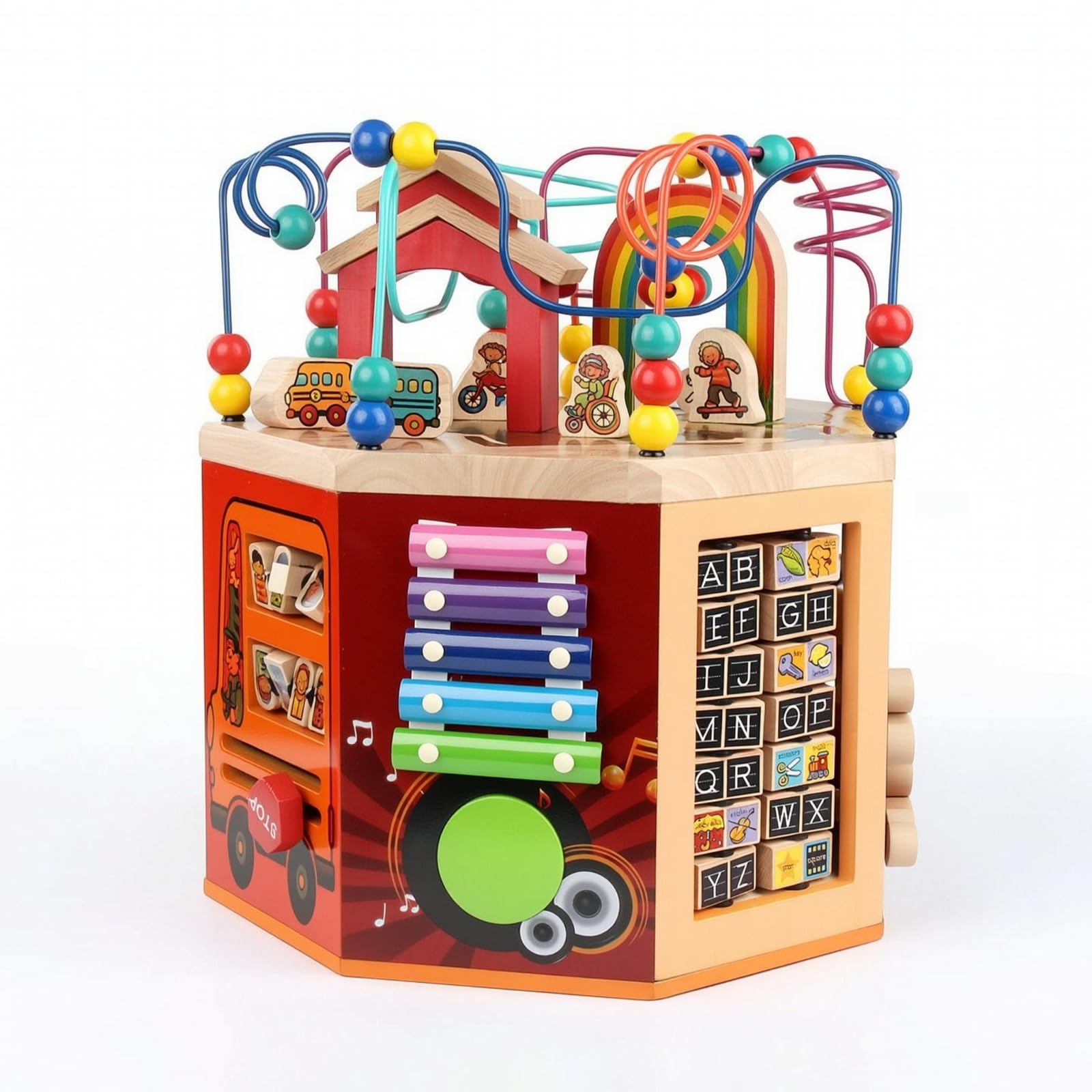 Casa Delle Attività Multiattività Centro Attività in Legno Educativo Giocattolo per Neonati, Cameretta, Asilo Nido, Otto Lati Con Perline Arcobaleno Musicali