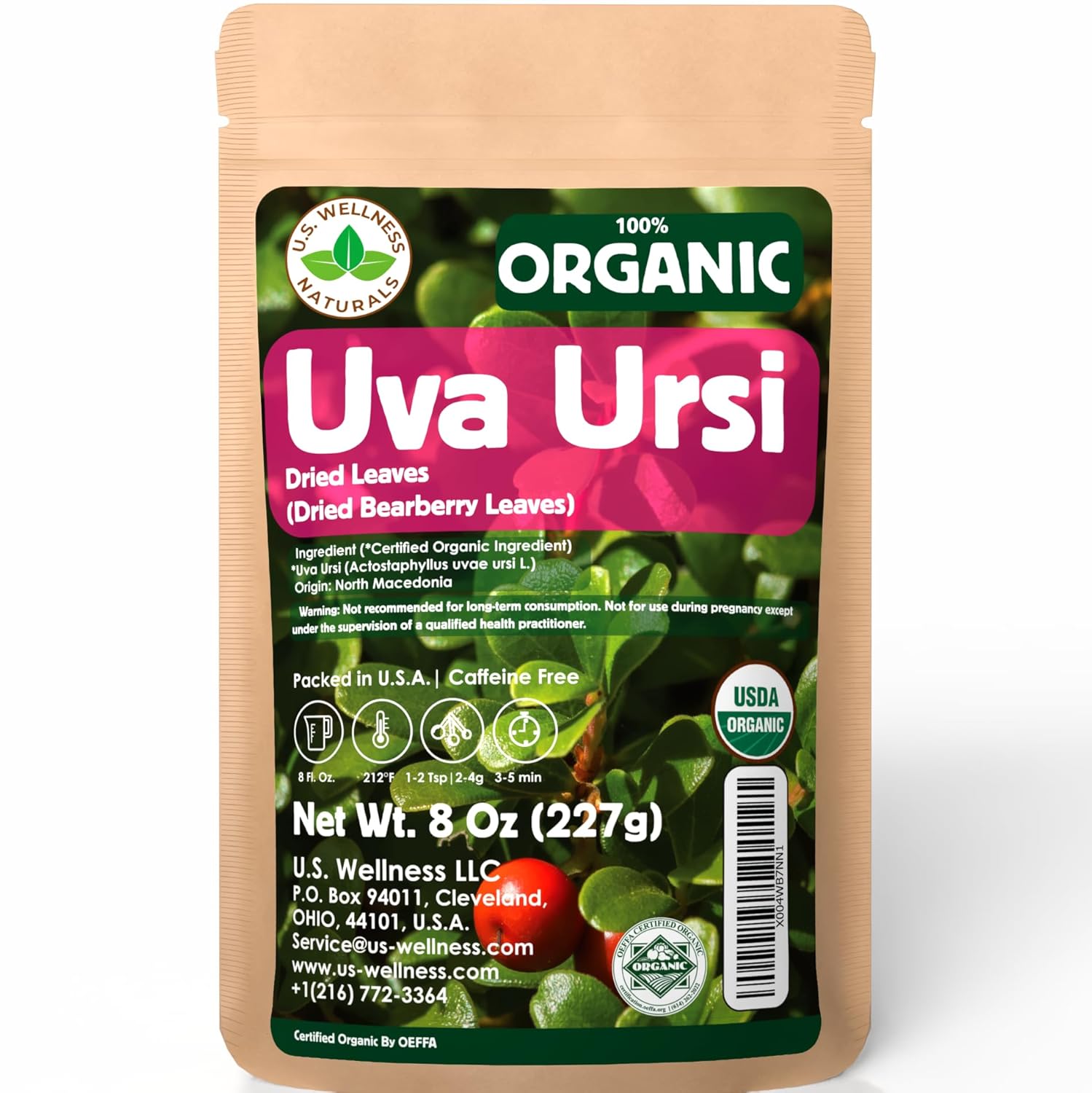 USDA Organic Wildcrafted Uva Ursi Loose Leaf Tea - 8oz Bearberry Leaves (Arctostaphylos Uva-Ursi) Herbal Tea from North Macedonia