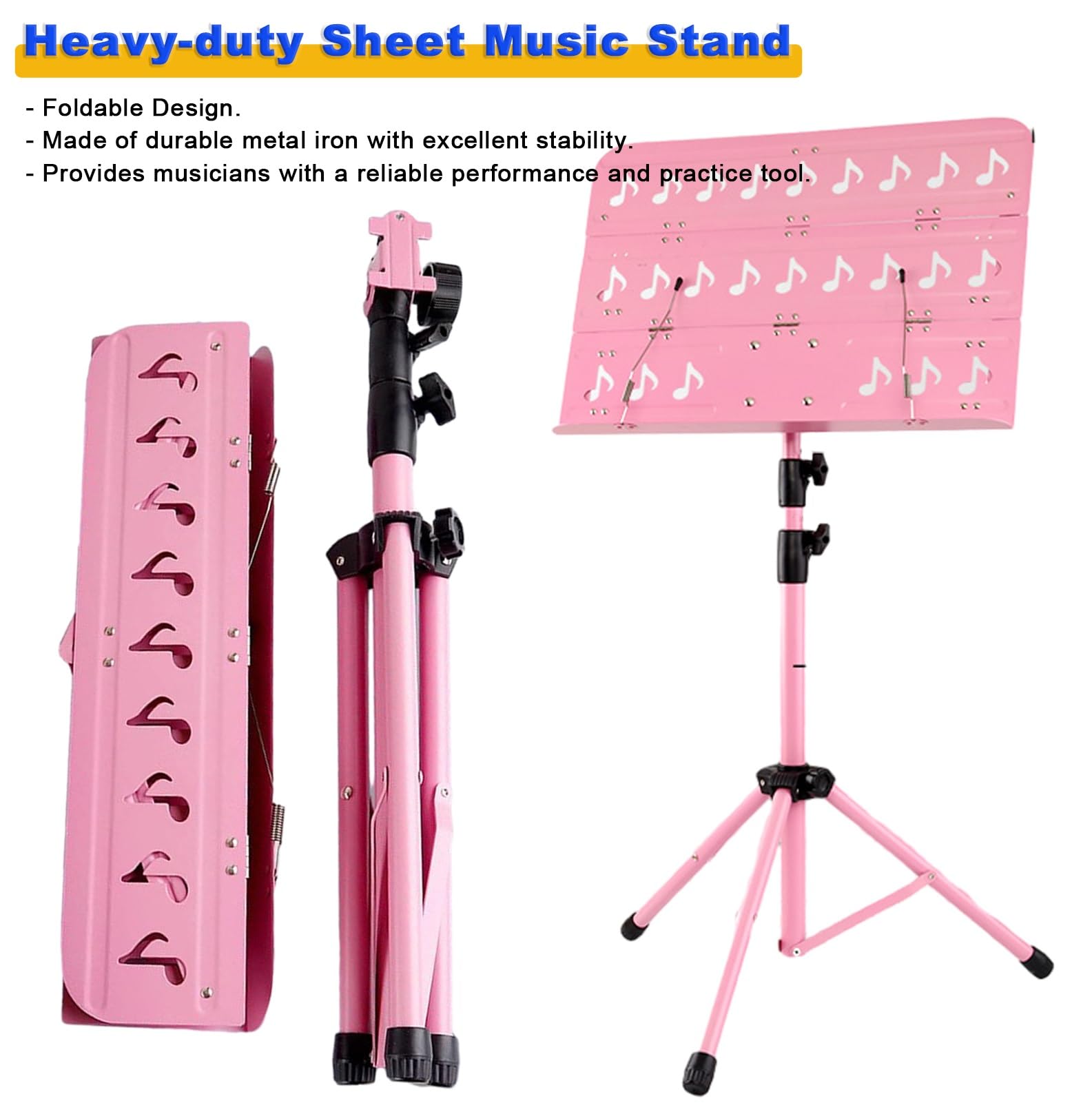 Leggio per Spartiti con Borsa per Il Trasporto, Supporto Pieghevole in Metallo per Cartelle di Canzoni con Design di Note Musicali, Supporti Compatti per Spartiti per Band,Pink