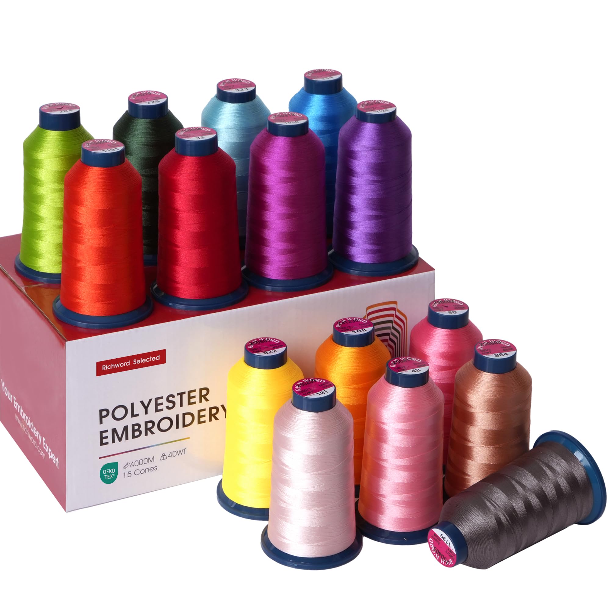 POOLIN &RICHWORD Kit de fil de machine à broder 15 couleurs 40 W (108D/2) et 4000 m (4374Y) en polyester pour machines à broder et machines à coudre