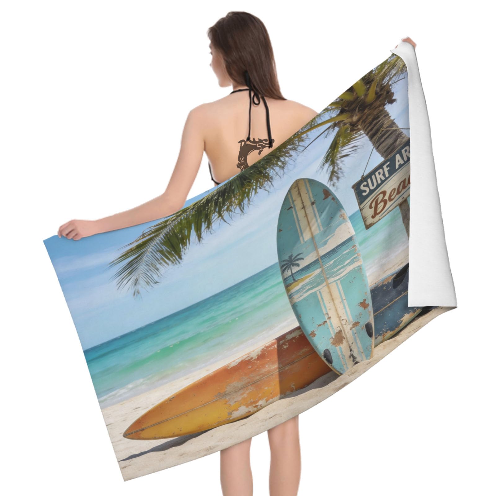 Leichong 3D Surfboard Beach Towel Microfiber Soft Quick Dry for Adults, Palm Tree Print Bath Towel Lightweight Soft Absorbent for Travel Swimming Pool Sports, 75 x 150 cm