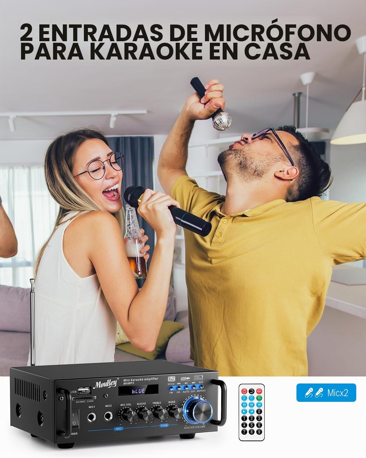 Moukey Amplificador Audio Estéreo 2.0 Canales Receptor, 100W Amplificador Audio Bluetooth 5.0, Amplificador HiFi, Radio FM Portátil, RCA, SD Card/USB Input, para Hogar o Coche, MAMP3