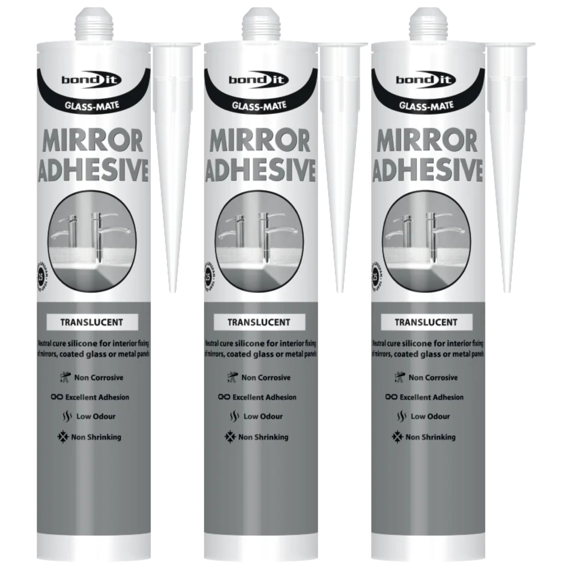 Bond It GLASS-MATE Mirror Adhesive – 3x Translucent, 285ml | Mirror Sealant Adhesive Neutral Cure – Low Odour Silicone | Premium Strong Silicone Adhesive for Interior Mirrors – Glass – & Metal Panels