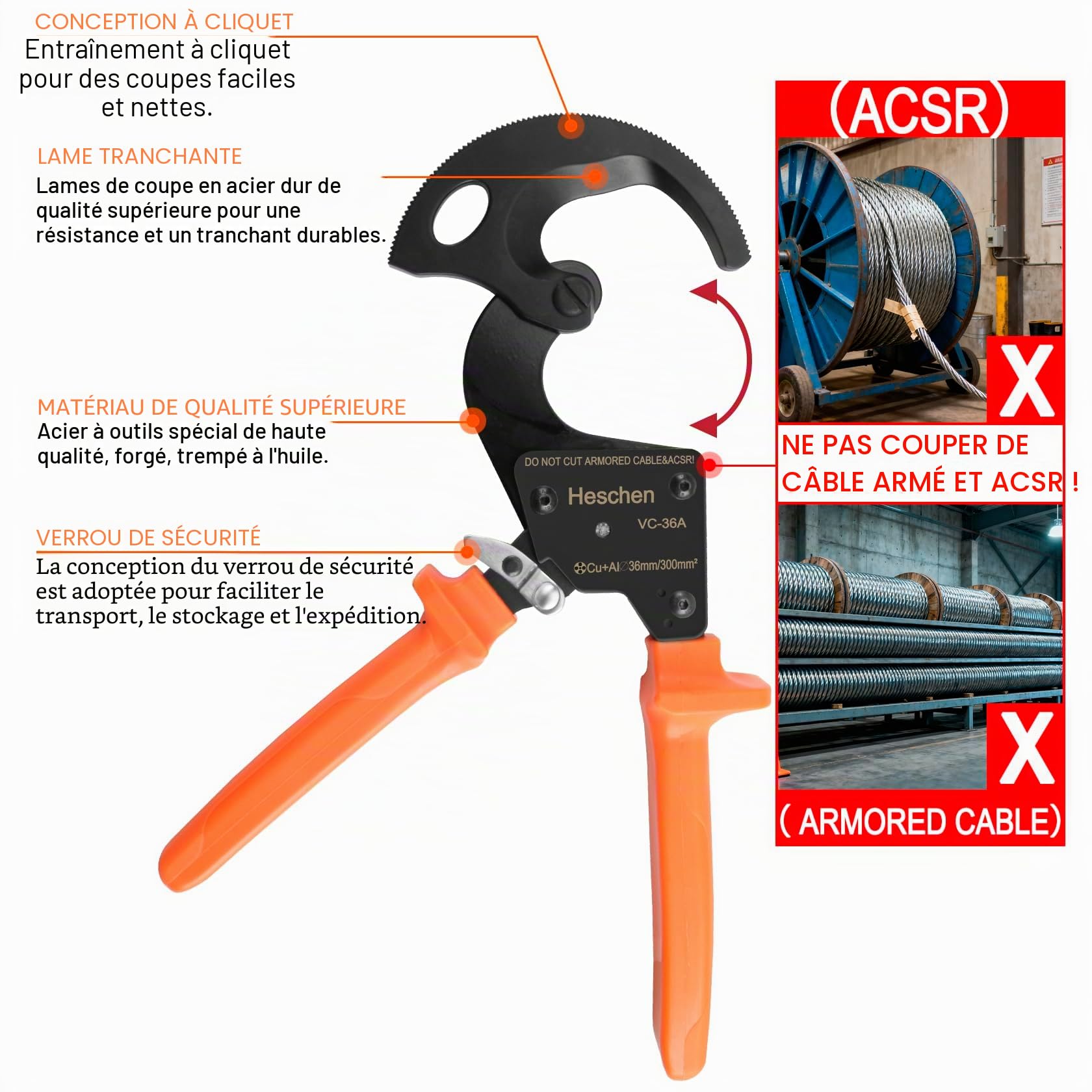 Heschen cliquet coupe-câble VC-36A utiliser pour 36mm / 300mm² pince à dénuder pince à main outil de sertissage
