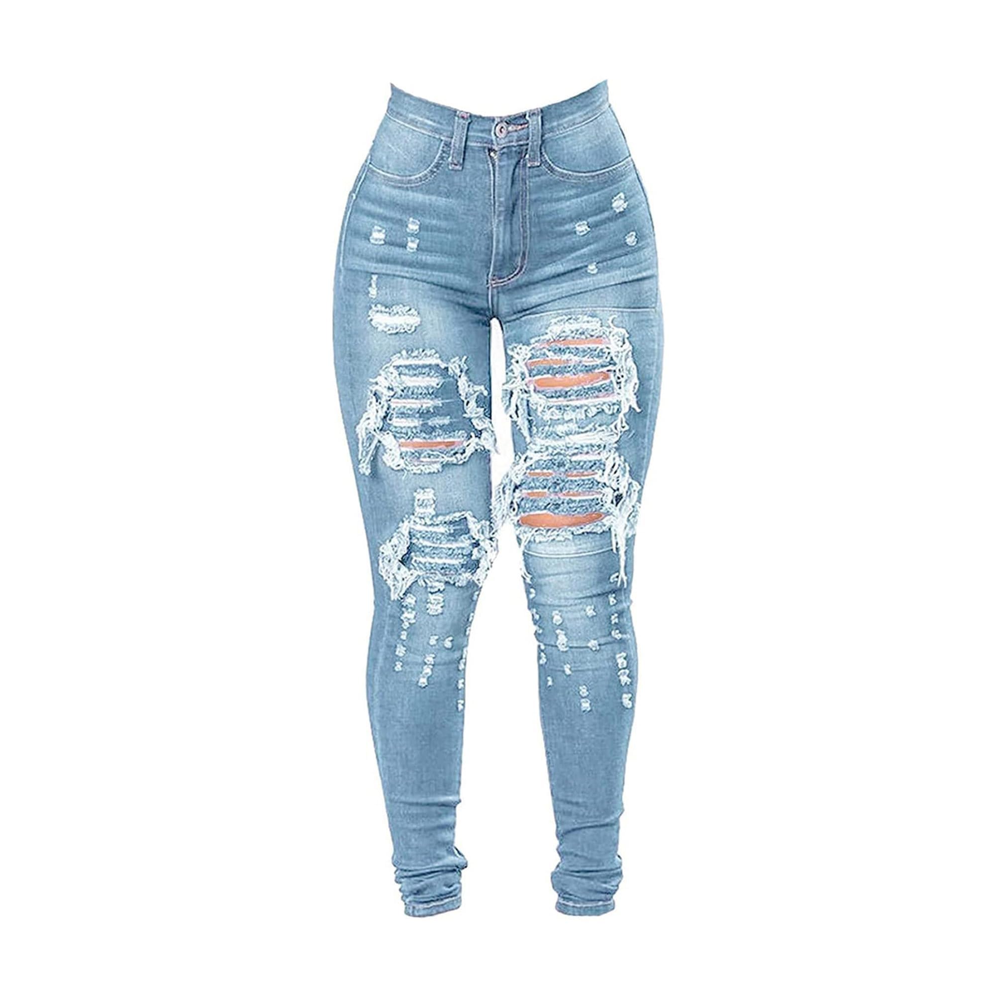 Women's High Waist Plus Size Destroyed Jeans Slim Skinny Ripped Trousers Stretch Denim Pants