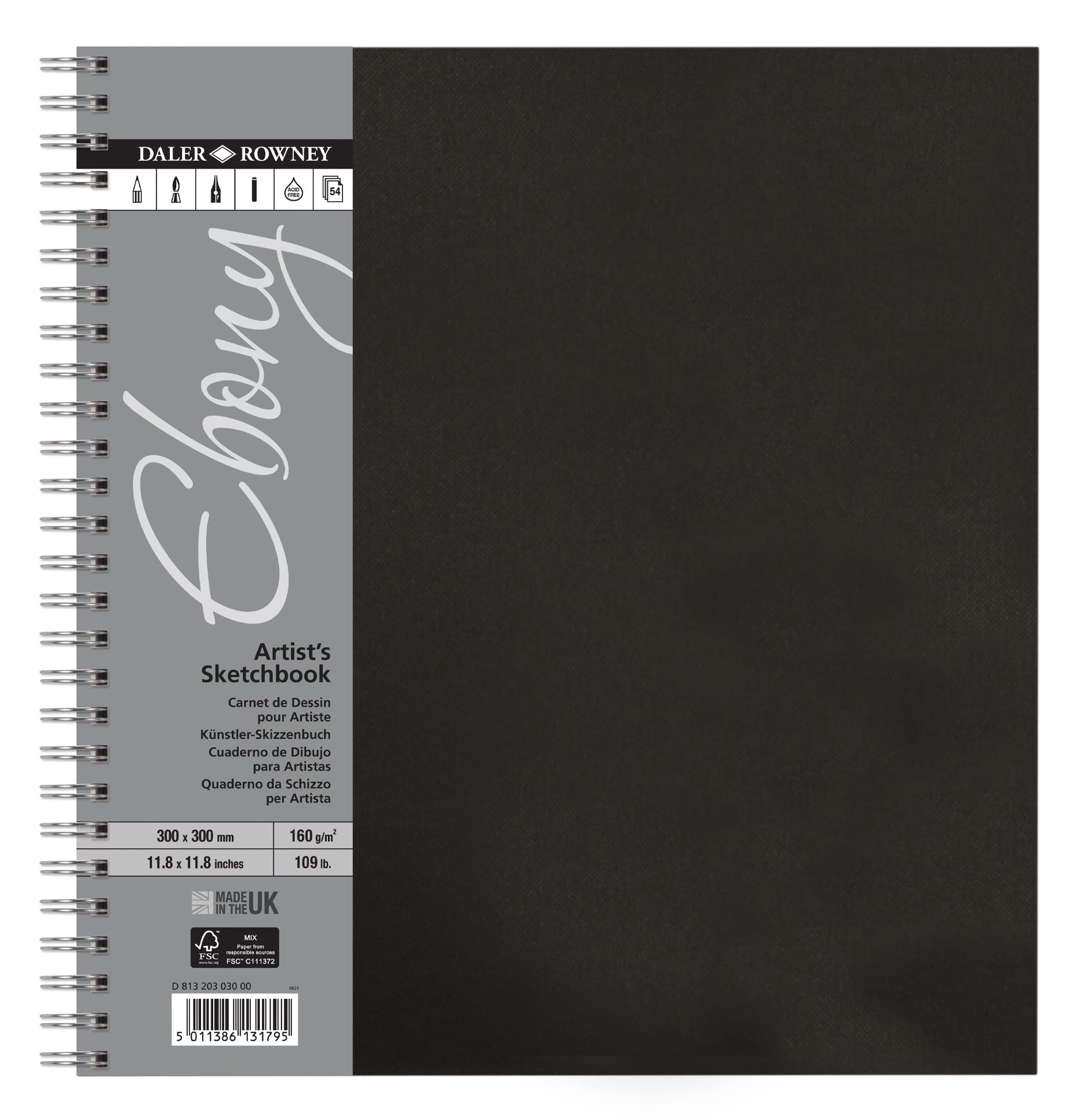 Daler-Rowney Ebony Sketchbook, Smooth Surface, 160gsm, Spiral Bound, Square, 30 x 30cm, Natural White, 54 Sheets, For Professionals
