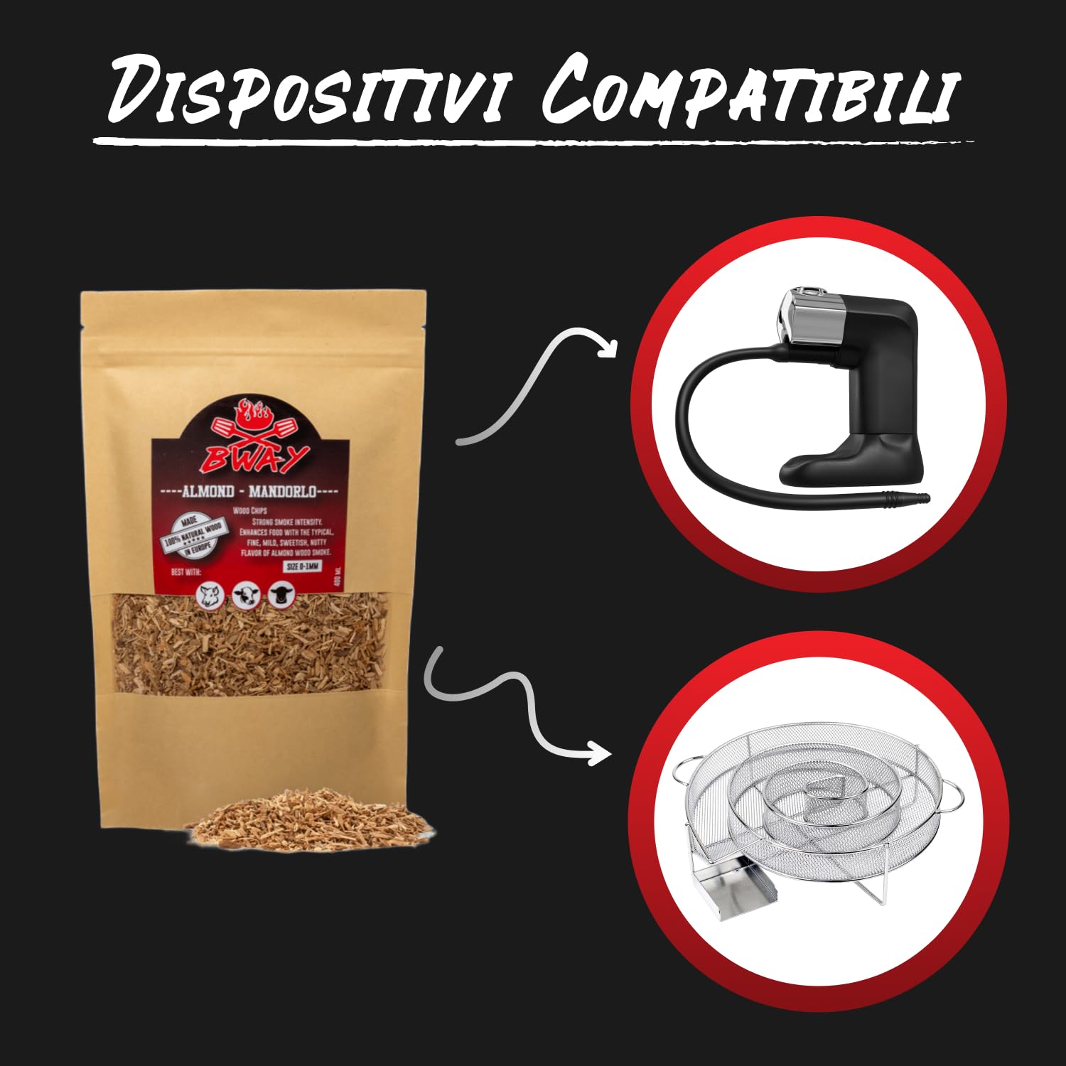 BWAY Trucioli per Affumicatura Gusto Olivo, Arancio, Mandorlo, Limone, Noce e Quercia da Utilizzare con Affumicatore da Cucina | eBook Omaggio con 20 Ricette (6 x 400 ml)