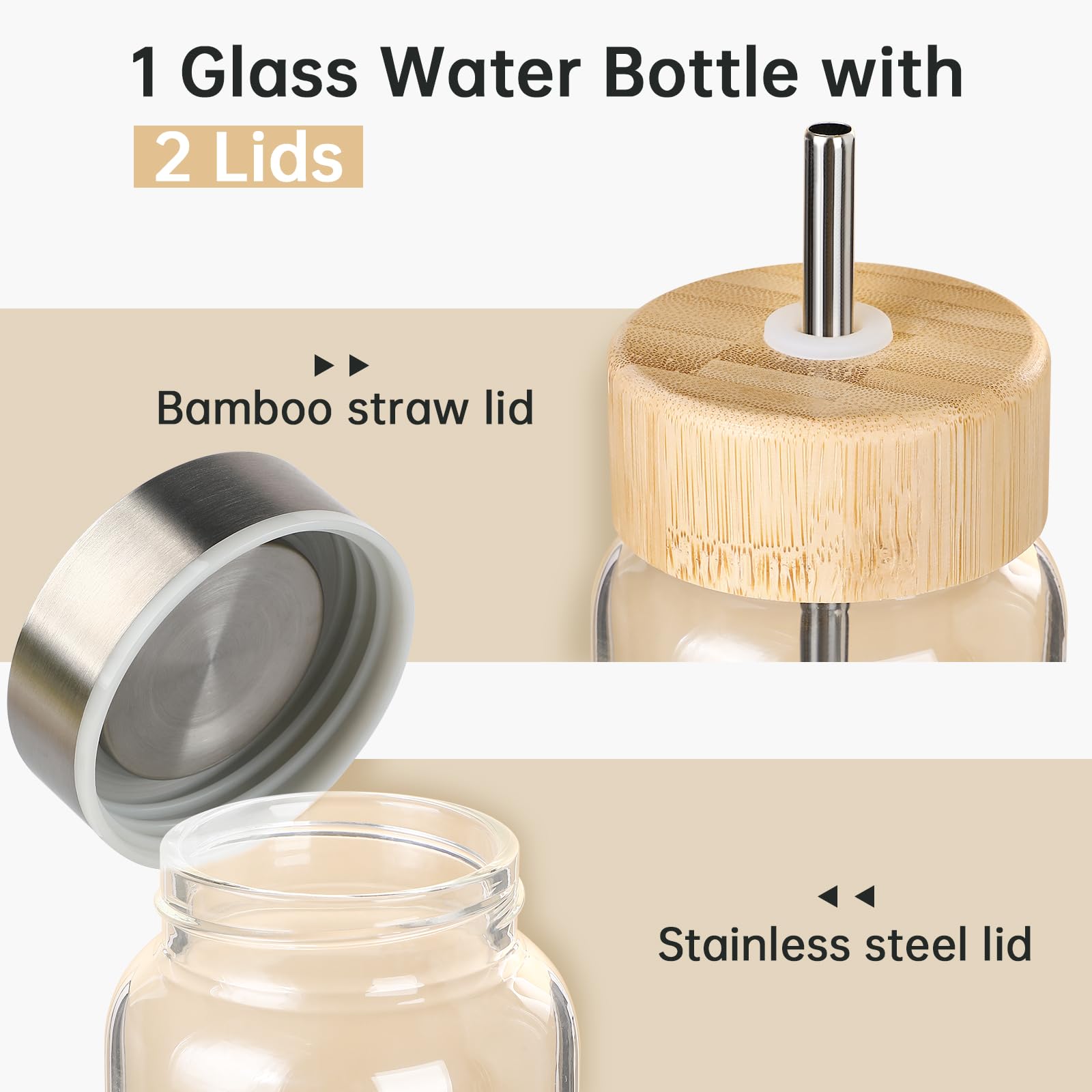 Glasflasche 1 liter / 1l mit Strohhalm, Wasserflasche Glas 1000ml mit 2 Deckeln und Neoprenhülle, Trinkflasche Spülmaschinenfeste, Water Bottle für kohlensäurehaltige Getränke, 1 Stück