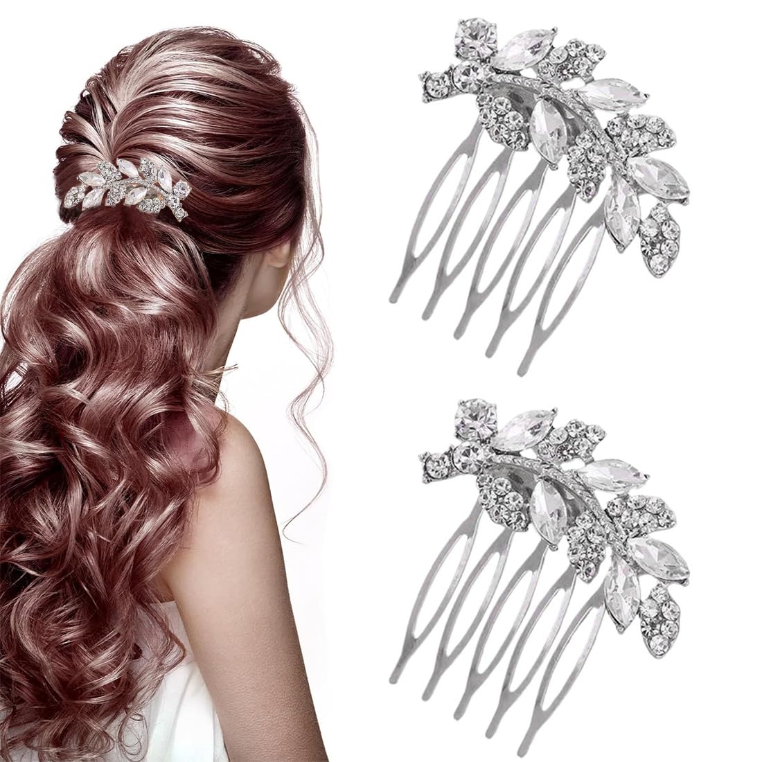 Set da 2 Pettini Capelli Nuziale, Fermaglio per Acconciatura Capelli da Sposa, con Strass luccicanti a forma di Fiore,Accessori per donne e ragazze eleganti