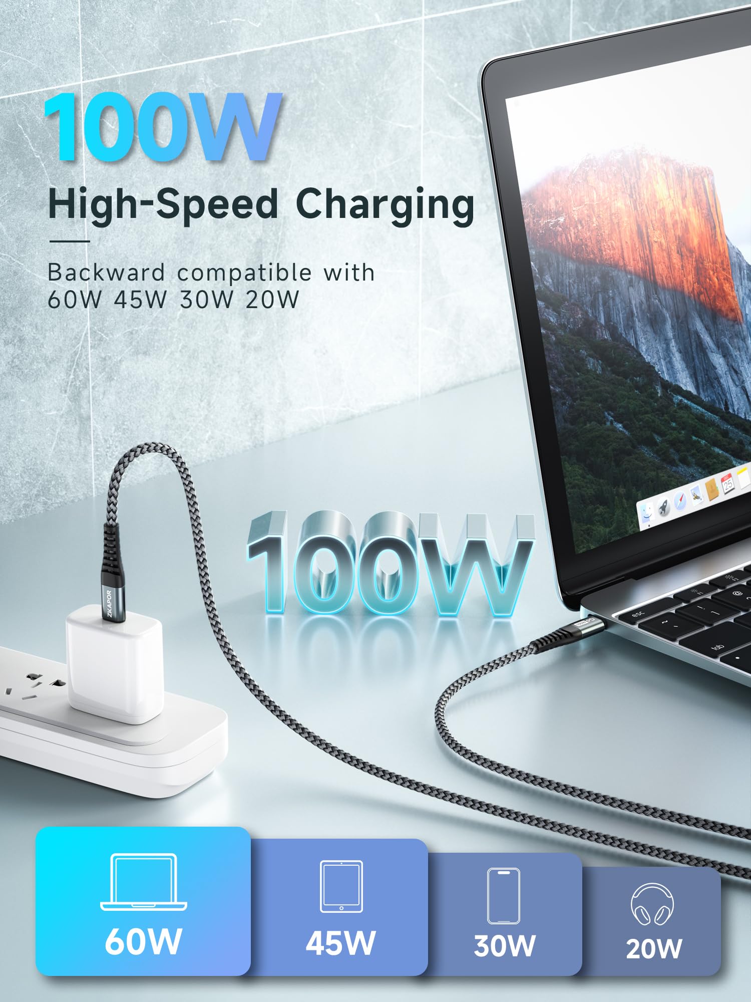 ZKAPOR Cavo USB C USB C [2Pezzi, 1M], 100W Cavo USB Type-C Ricarica Rapida PD Nylon Cavo Type C per iPhone 16/15 Pro Max, Samsung Galaxy S24 /S23, Pad Pro, Air, P60 /Mate 60, Pixel - Grigio