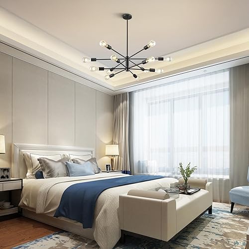 Miniatura 8 de VONLUCE Lámpara de araña moderna geométrica, industrial negra, accesorios de iluminación para comedor, farol de granja, lámpara colgante de techo