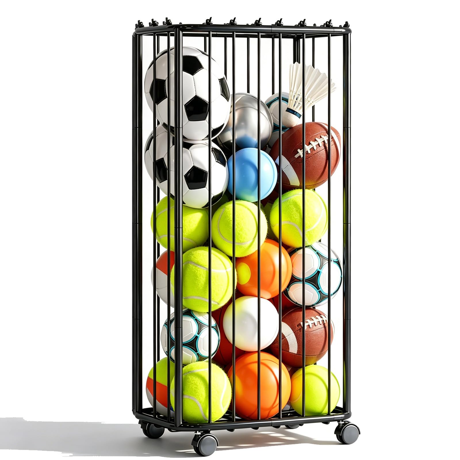 Garage Lagerung von Sportgeräten, 56 x 34 x 116cm Ballaufbewahrungsregale Outdoor mit Rädern und elastische Bänder, Abnehmbares Ball Aufbewahrung für Basketball, Fußball, Football, Volleyball