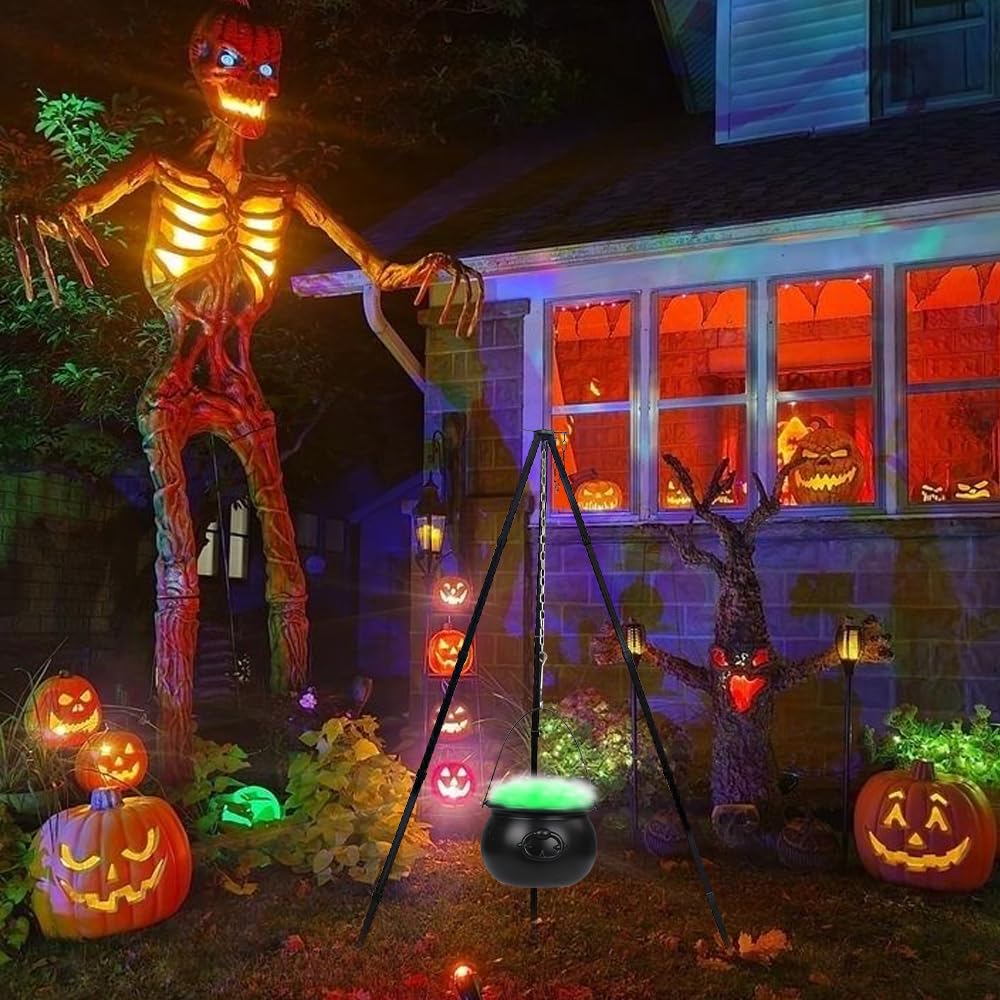 Pentolone Strega Halloween, Calderone Halloween Grande, Calderone Strega Grande con Treppiede e Luce per Strega Halloween Decorazione Casa Portico Giardino Cortile