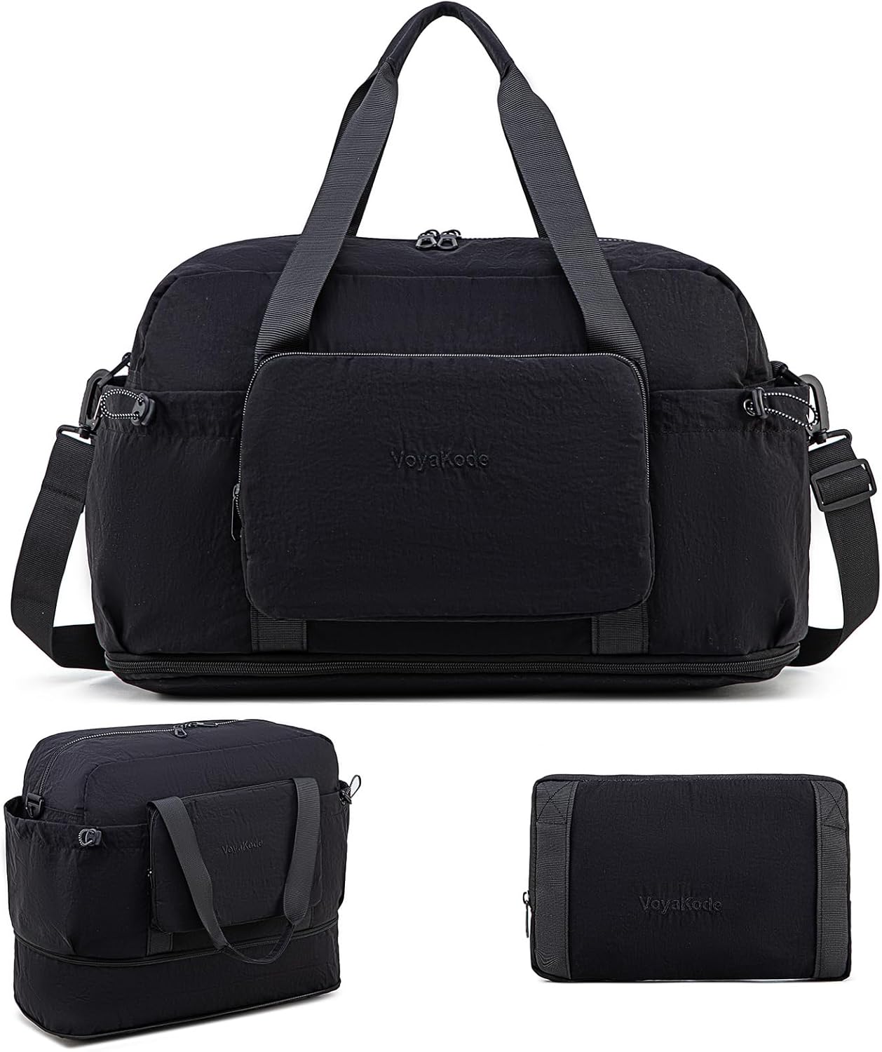 Foldable & Expandable Personal Item Travel Bag for Women & Men，Waterproof with Wet-Dry Compartment & Luggage Sleeve, Convertible Crossbody Tote Ideal for Gym & 3-Day Trips (black)