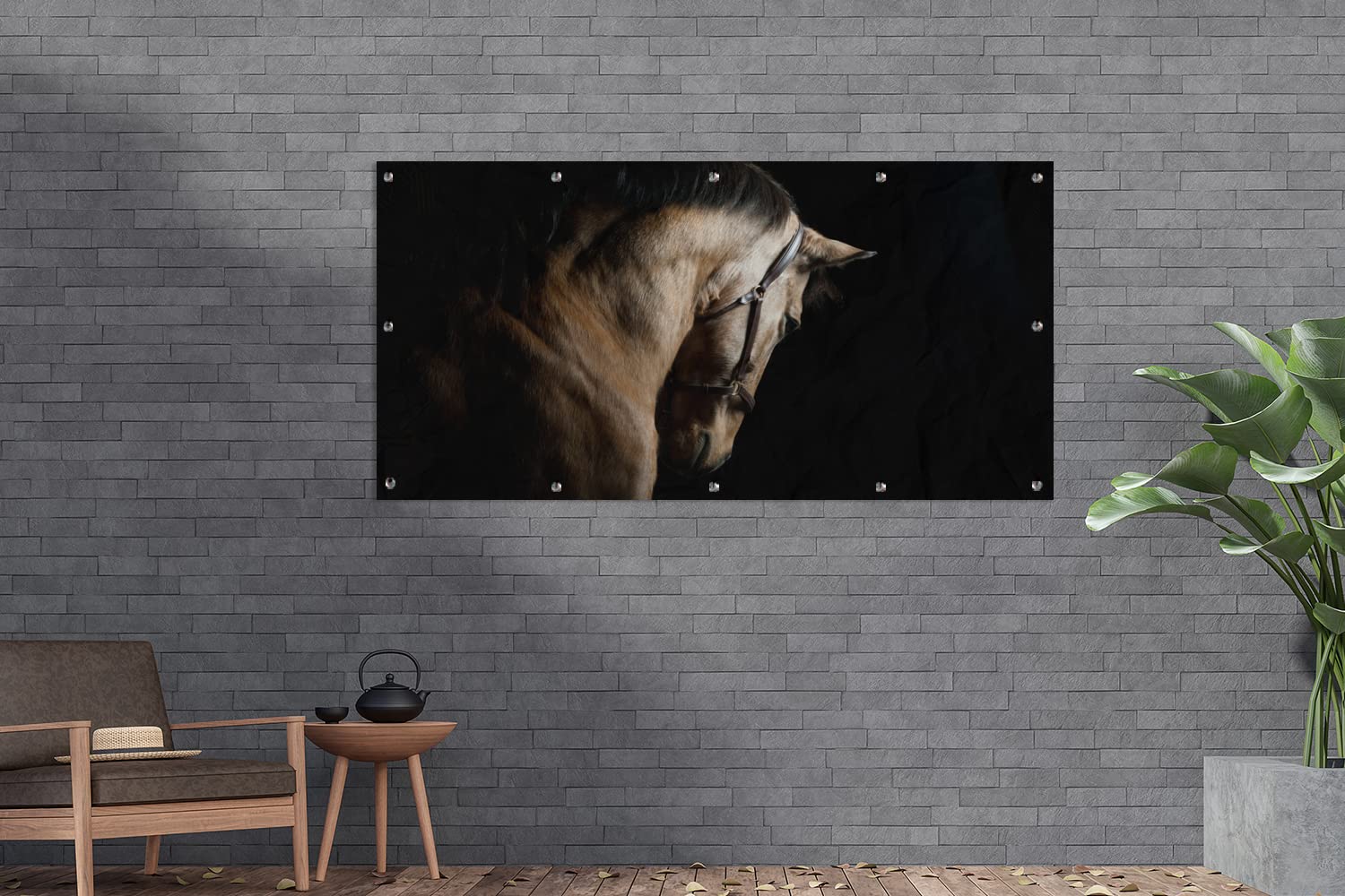 MuchoWow Outdoor-Poster Poster Wanddeko draußen Deko Garten Gartenposter 160x80 cm Pferde - Halfter - Schwarz