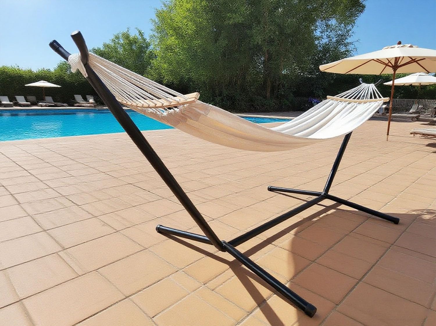Hängemattenständer für Doppelhängematte Beige | 220×160 cm Polycotton-Hängematte Mit Stahlgestell & abnehmbarer Spreizstange Für Garten, Terrasse, Veranda & Hinterhof