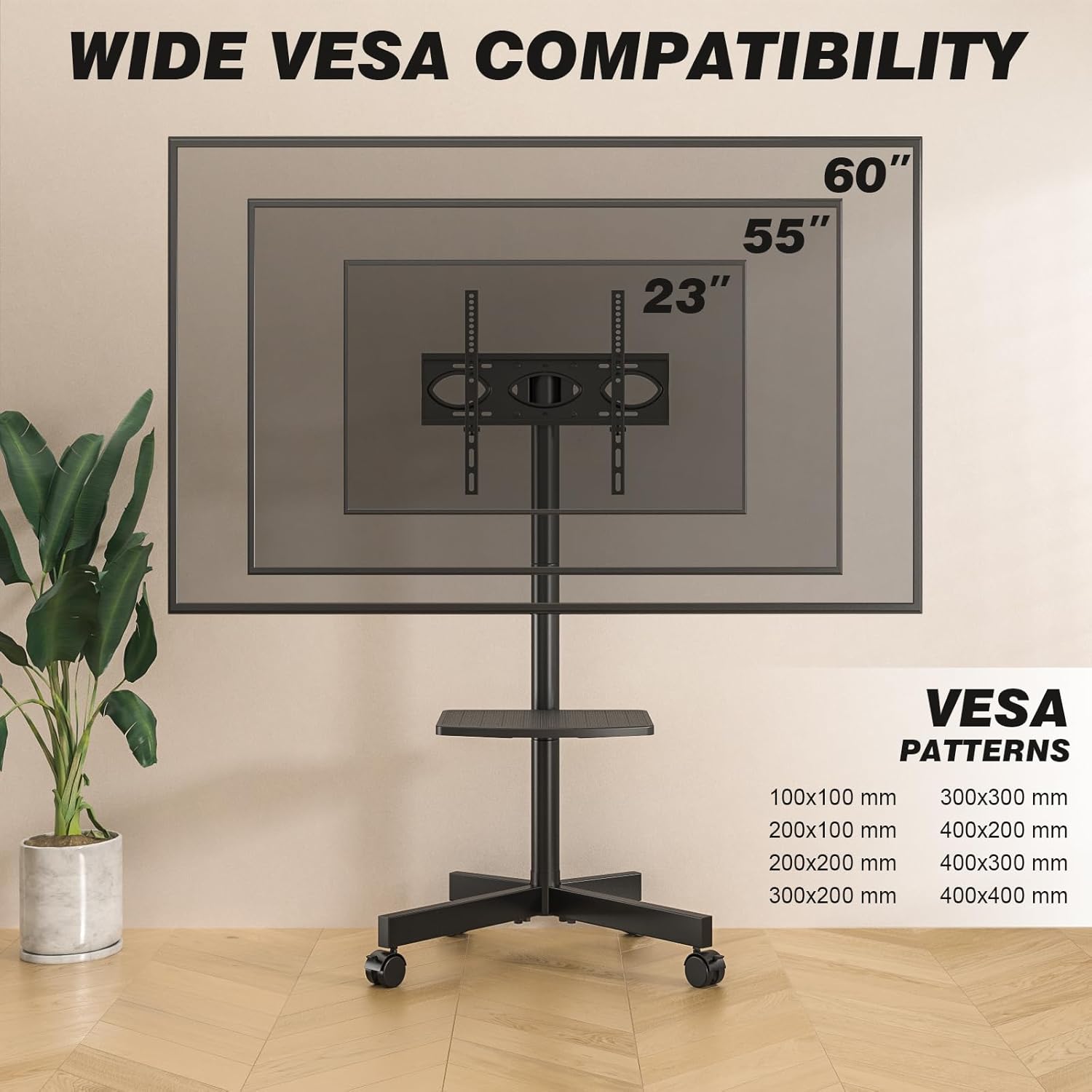 Diagram illustrating wide VESA compatibility patterns for various TV sizes.