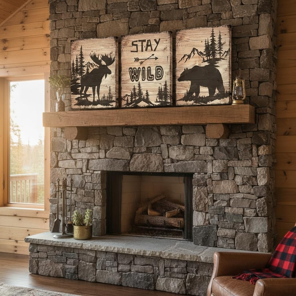 DuoBaorom Woodland Cabin Decor Moose and Bear Silhouettes Print 3 Piece Wall Art 12 x 16 inches