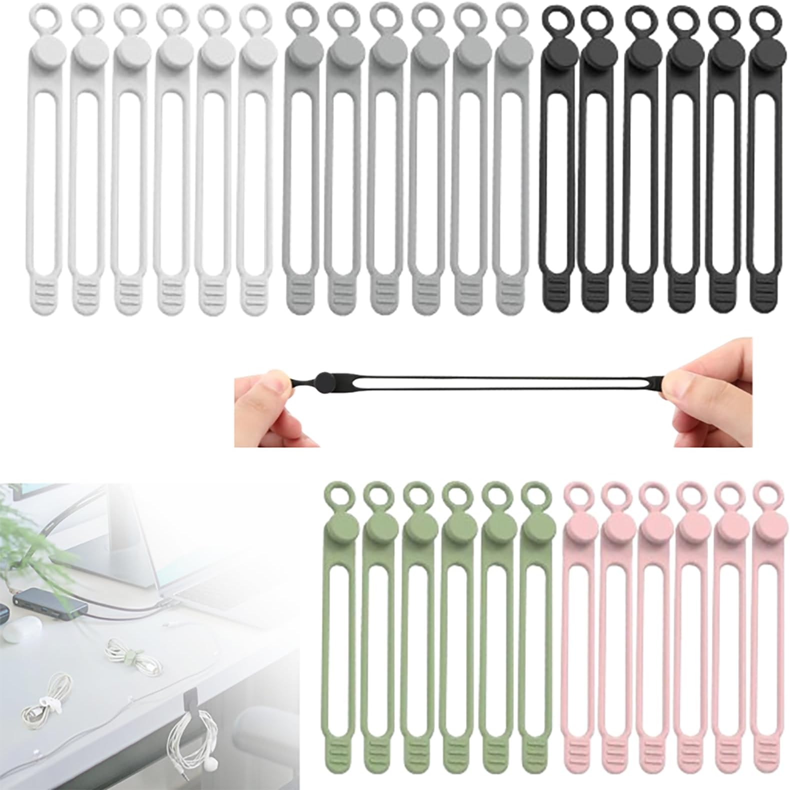 - Silicone Cable Ties, Reusable Cable Management Organizer, Multipurpose Elastic Cord Organizer, 5Color, 30Pack