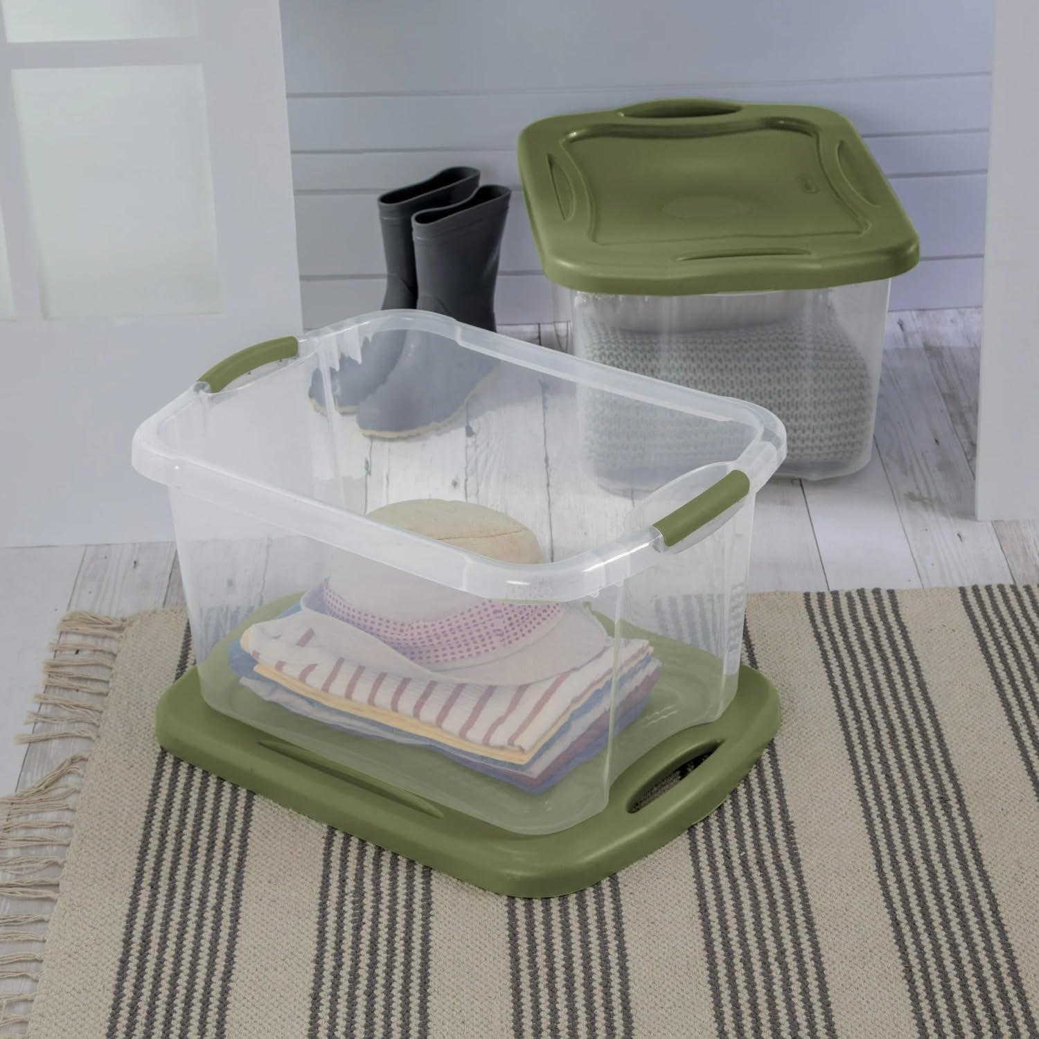 40 Quart Clear Plastic Storage Container with Full-Grip Handles, Green Lid, 2 Pack