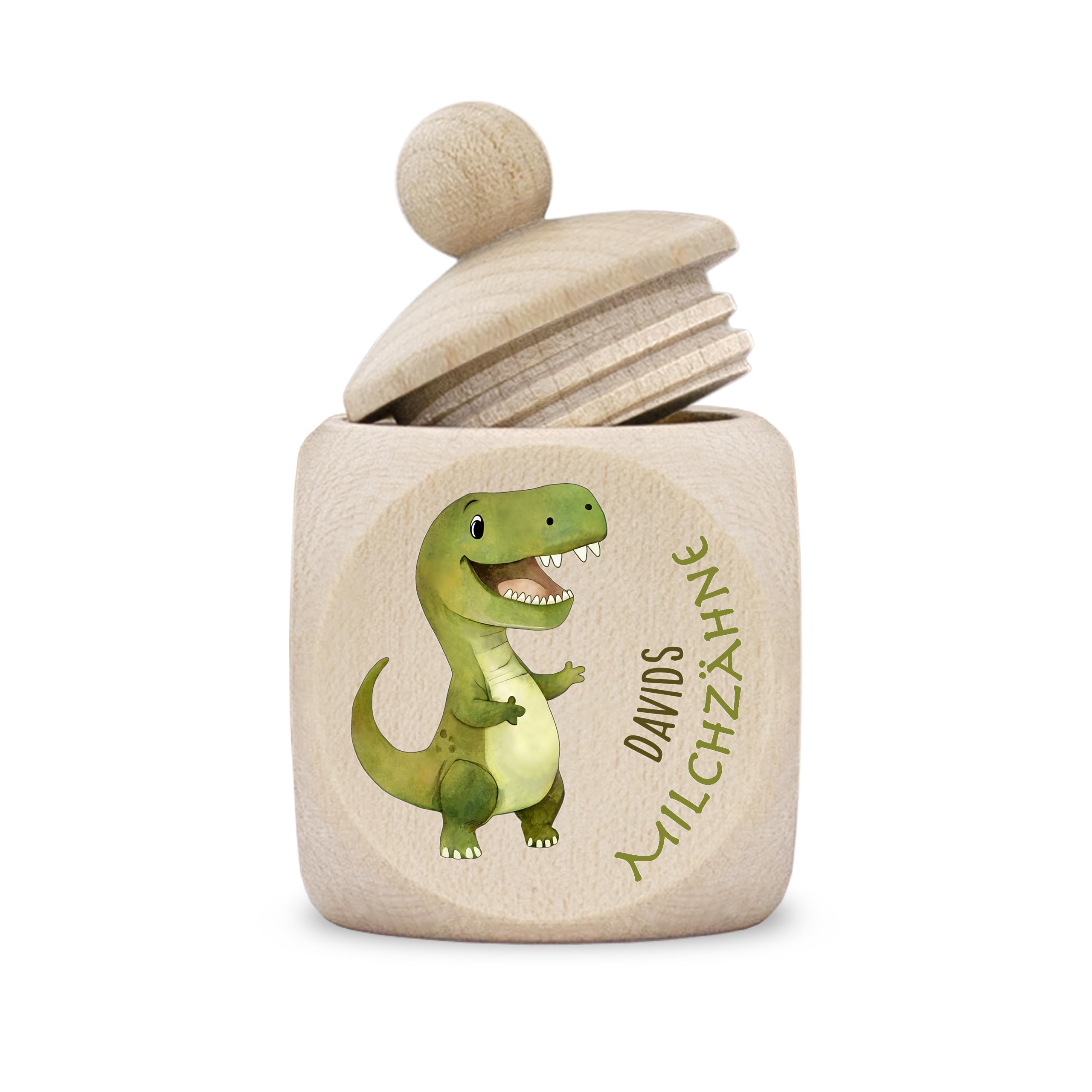 kultdog Zahndose Milchzähne Mädchen Junge modern Dose Holz personalisiert Druck Name Dino Dinosaurier