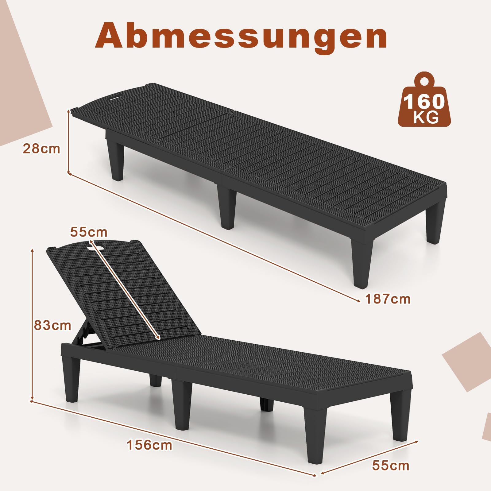 FANTASK Sonnenliege Kunststoff 2er Set, wetterfeste Gartenliege mit Verstellbarer Rückenlehne, Balkonliege, Terrassenliege, Liegestuhl bis 160 kg belastbar für Garten, Terrasse (Schwarz)