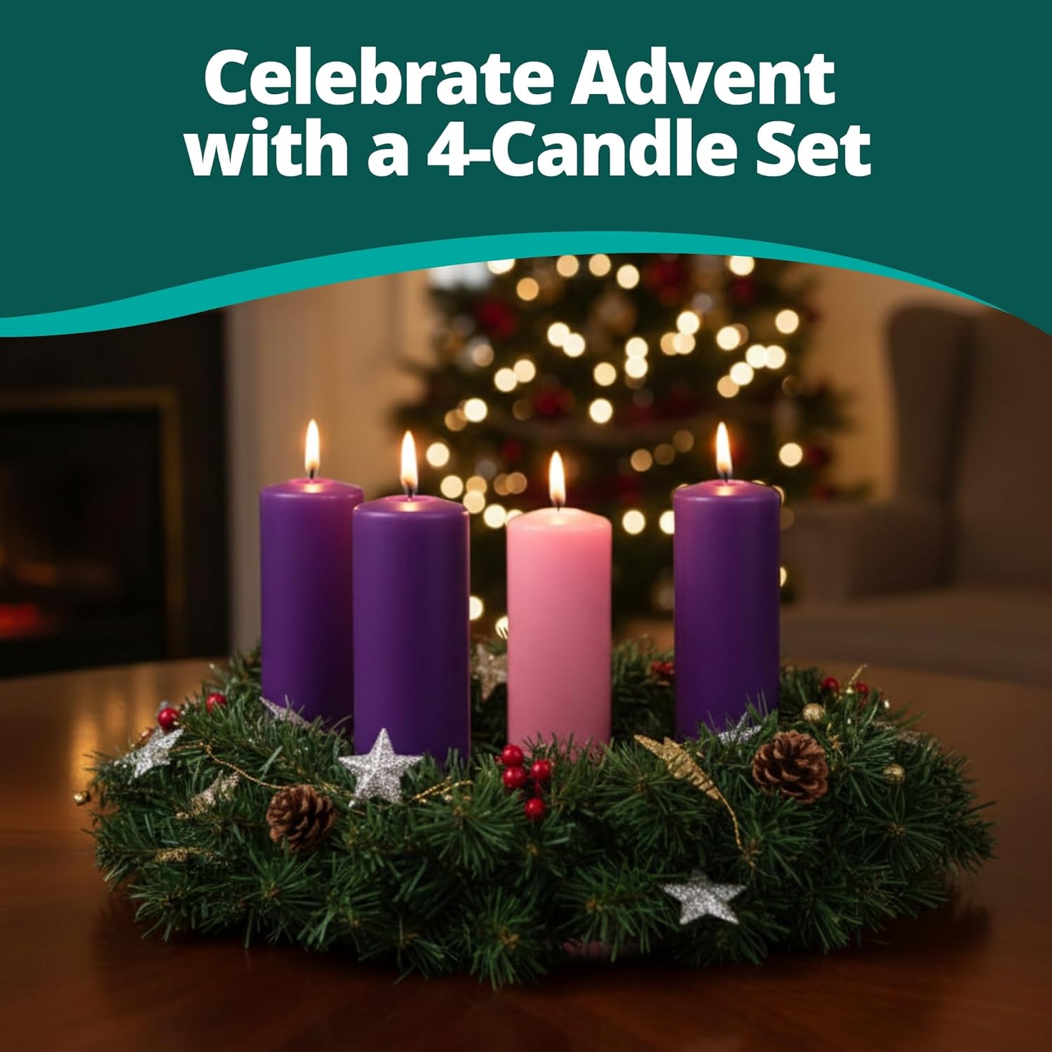 Concordia Supply Advent Pillar Candles 12" x 3", Stearin Wax Candlesticks for Religious Activity, Clean Burn Candles, Decorative Candle Sticks for Celebration & Occasion, 3 Purple, 1 Rose