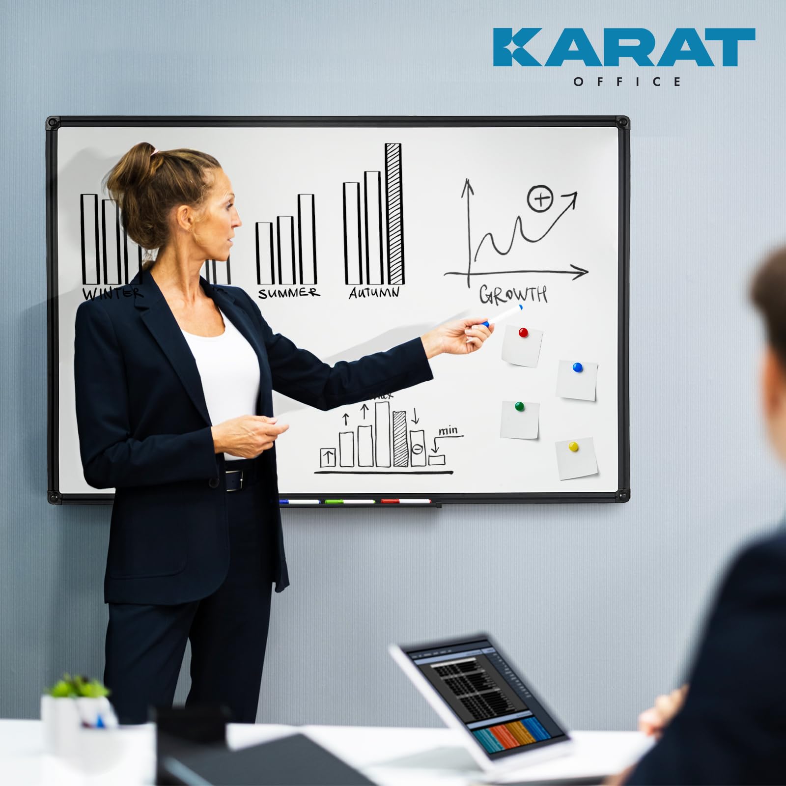 KARAT Tableau Blanc effaçable Onyx - Panneaux Magnétique avec Cadre Noir en Aluminium - Ardoise velleda laqué 80x110 cm - Tableau aimanté Mural résistant aux Rayures - Inclus matériel de Montage