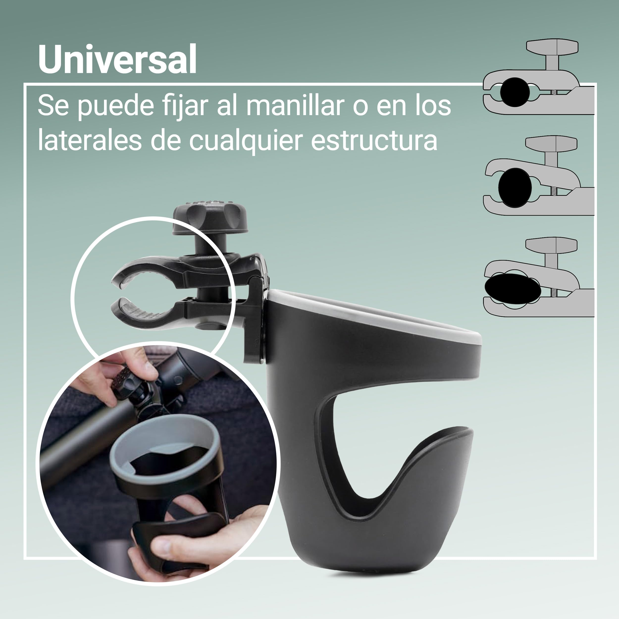 Zamboo Portavasos Universal para Carrito de Bebé – Soporte Antideslizante para Bebidas y Biberones – Ajustable y Fácil de Instalar – Accesorio para Silla de Paseo y Cochecito - Negro/Gris
