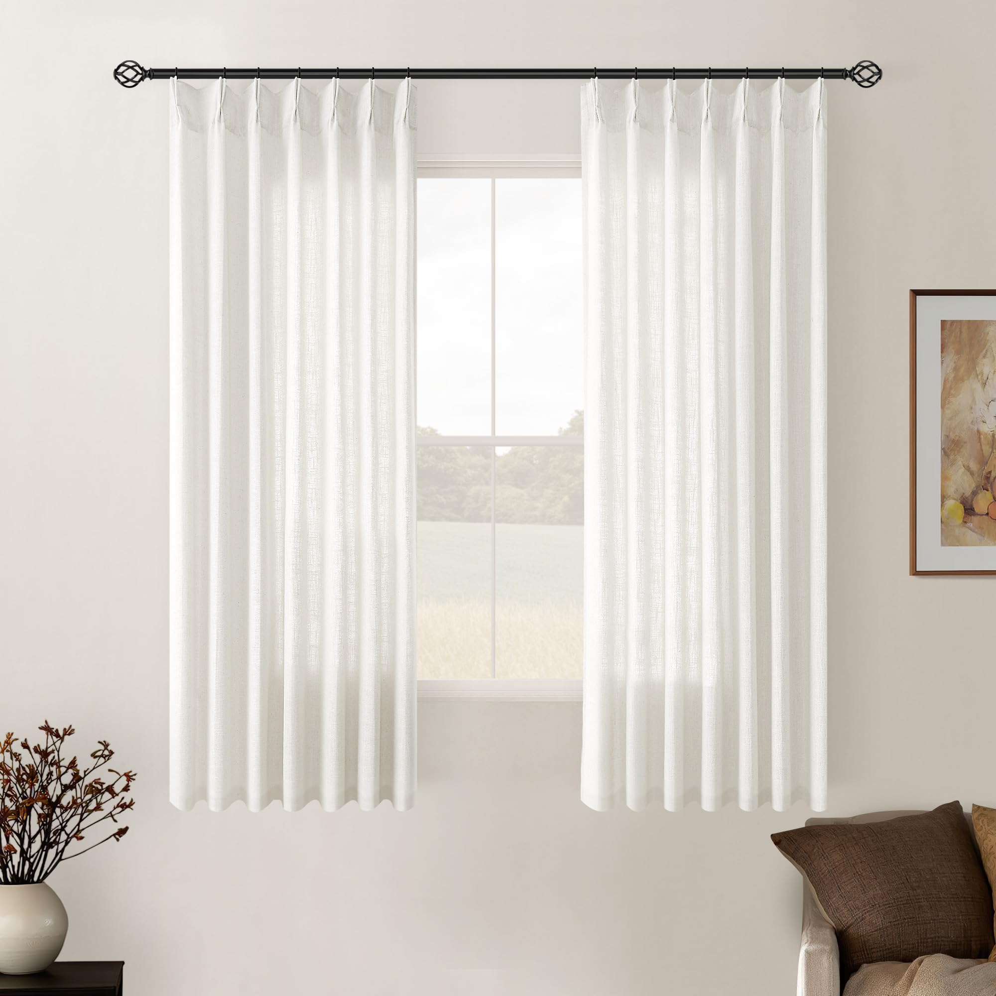 Beige White Pinch Pleated Linen Semi Sheer Curtains 54 Inch Length 2 Panels