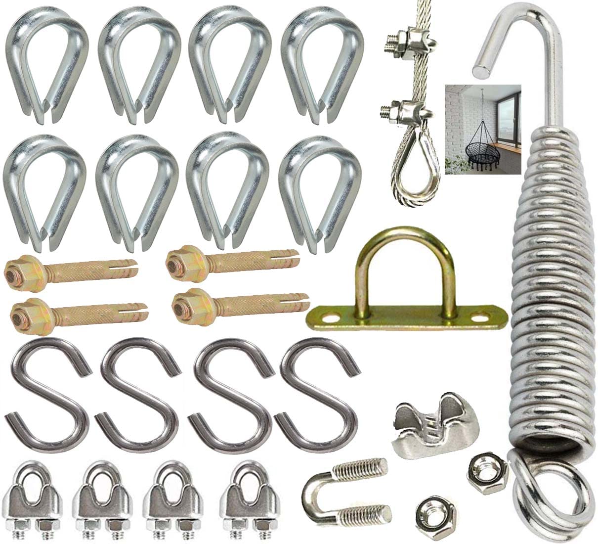 DIY Crafts Stainless Steel, Multi, 26, 26 Pcs Hammock Kit 360° Rotating Bearing Fitted Spring S Hook Hook Swivel Hook Ceiling Mount Mounting Expansi (Stainless Steel, Multi, 26)