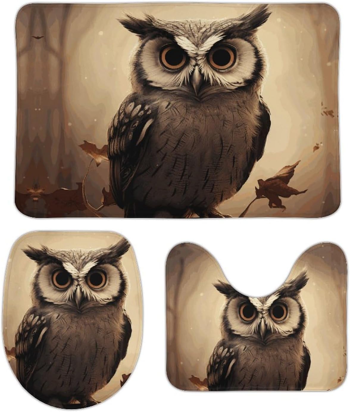 Anti-Skid Floor Mats 3 Piece Set,Cute Owl Printed Coral Fleece Bathroom Mats U-Shaped Contour Mat Toilet Seat Cover for Bathroom, Tub, Shower, Kitchen 19.7"x31.5"