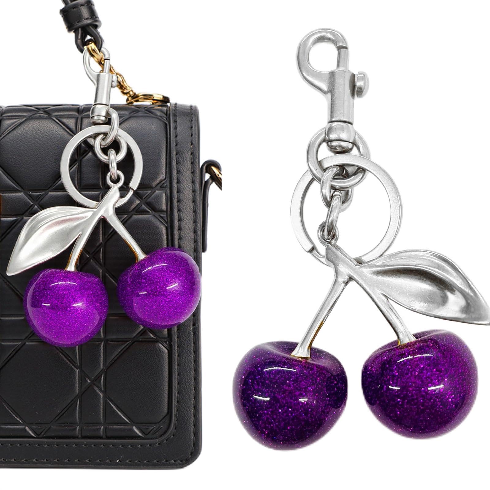 Glimbely Women's Silver-Purple Cherry Bag Purse Charms Cute Cherry Keychain Purse Handbags Car Keys Accessories Gifts For (Silver-Purple)