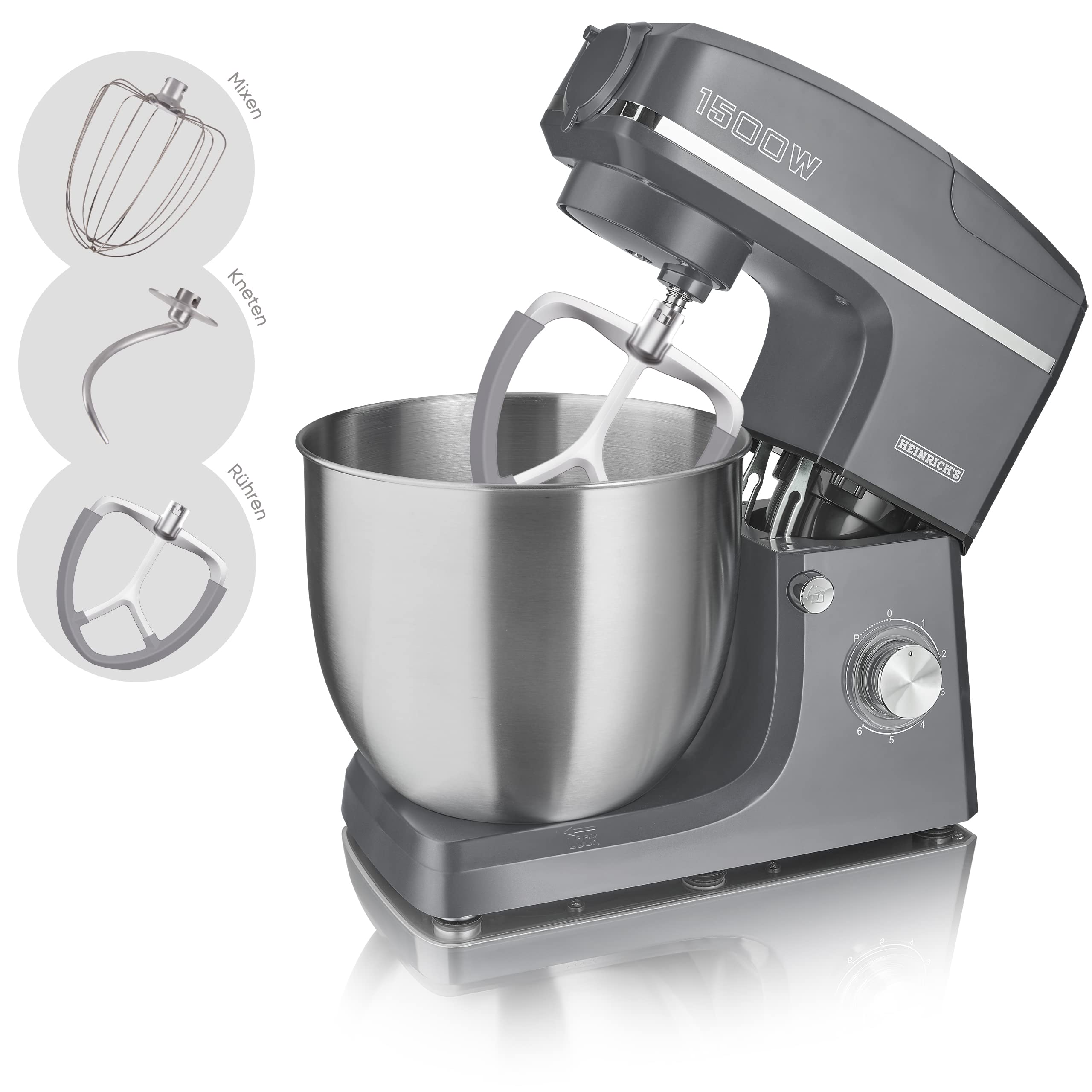 HEINRICHS 3 in 1 Universal Küchenmaschine, Küchengerät 1500W, 6 Geschwindigkeitsstufen, Multifunktionale Knetmaschine mit Fleischwolf, 1.5L Mixerbehälter, XXXL 10L Edelstahlschüssel (Grau)
