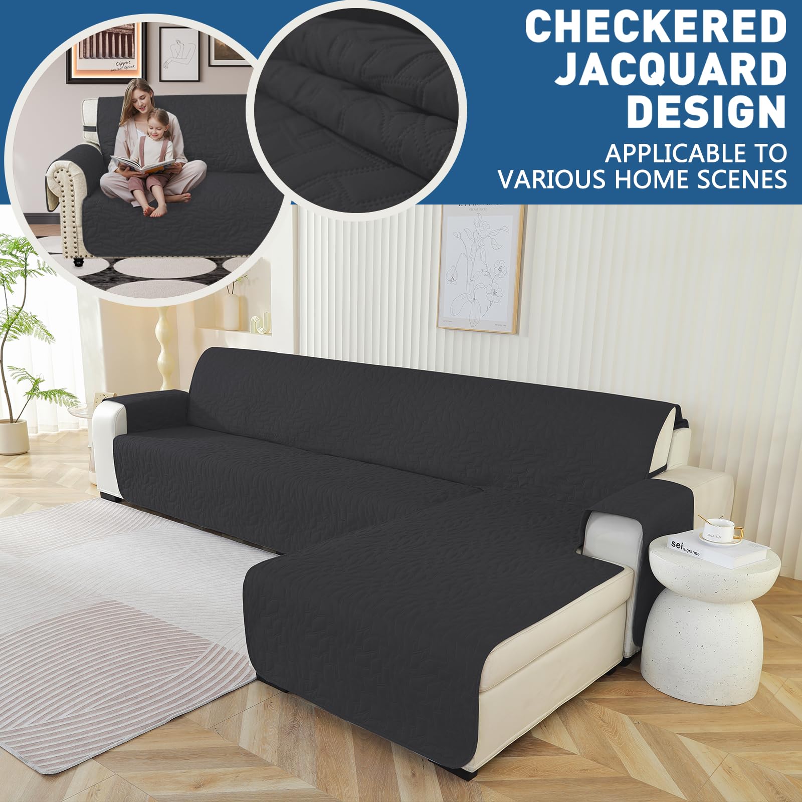 Ystyle Funda Sofa Chaise Long 3 Plazas, Funda Chaise Longue Izquierdo Derecho, Cubre Sofa Chaise Longue Impermeable, Funda Sofa L Gatos, Funda De Sofa Chaise Longue (255cm, Negro)