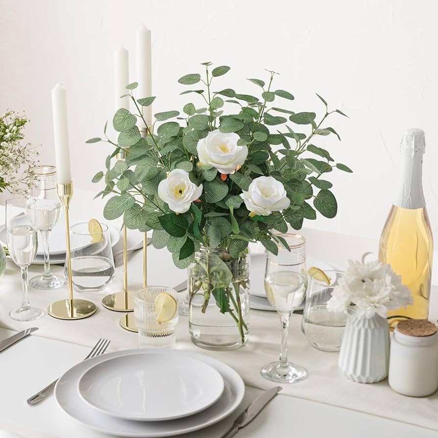 Veryhome 15 Tallos De Eucalipto Artificiales De Tacto Real, Hojas De Dólar De Plata Falsas Para Navidad, Arreglos Florales, Ramos De Boda, Centro De Mesa, Decoración Del Hogar