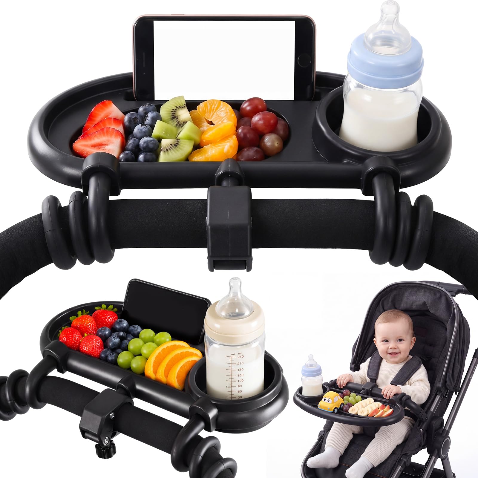 Tallew 2 vassoi universali per snack per passeggino con portabicchieri per telefono 3 in 1, attacco per passeggino con impugnatura in silicone, accessori per passeggini per bambini, snack, passeggiate