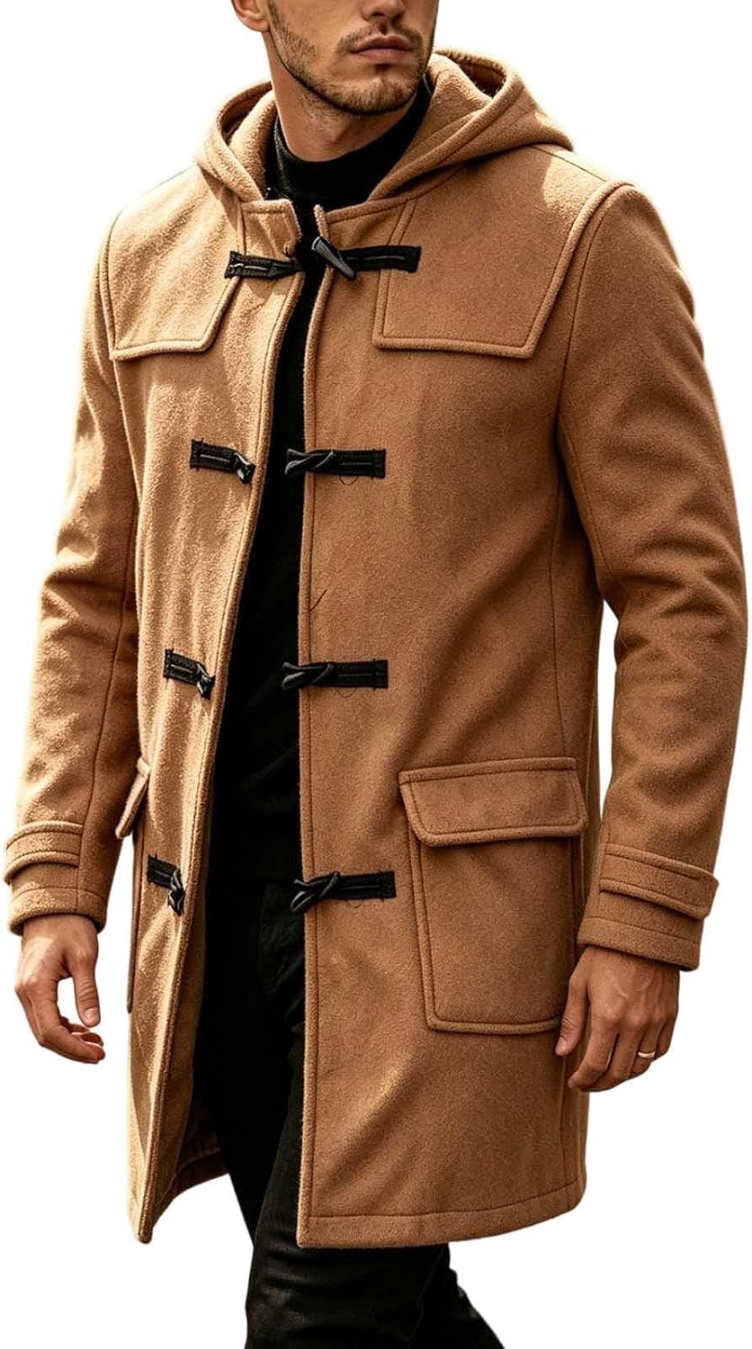 Men's Wool Blend Duffle Coat Hooded Toggle Jacket Winter Warm