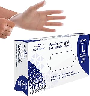 MediHands Vinyl Clear Gloves Large Disposable Surgical Gloves, Box of 100 Powder Free Latex Free & Protein Free, Medical Gloves, Food, Multi Use