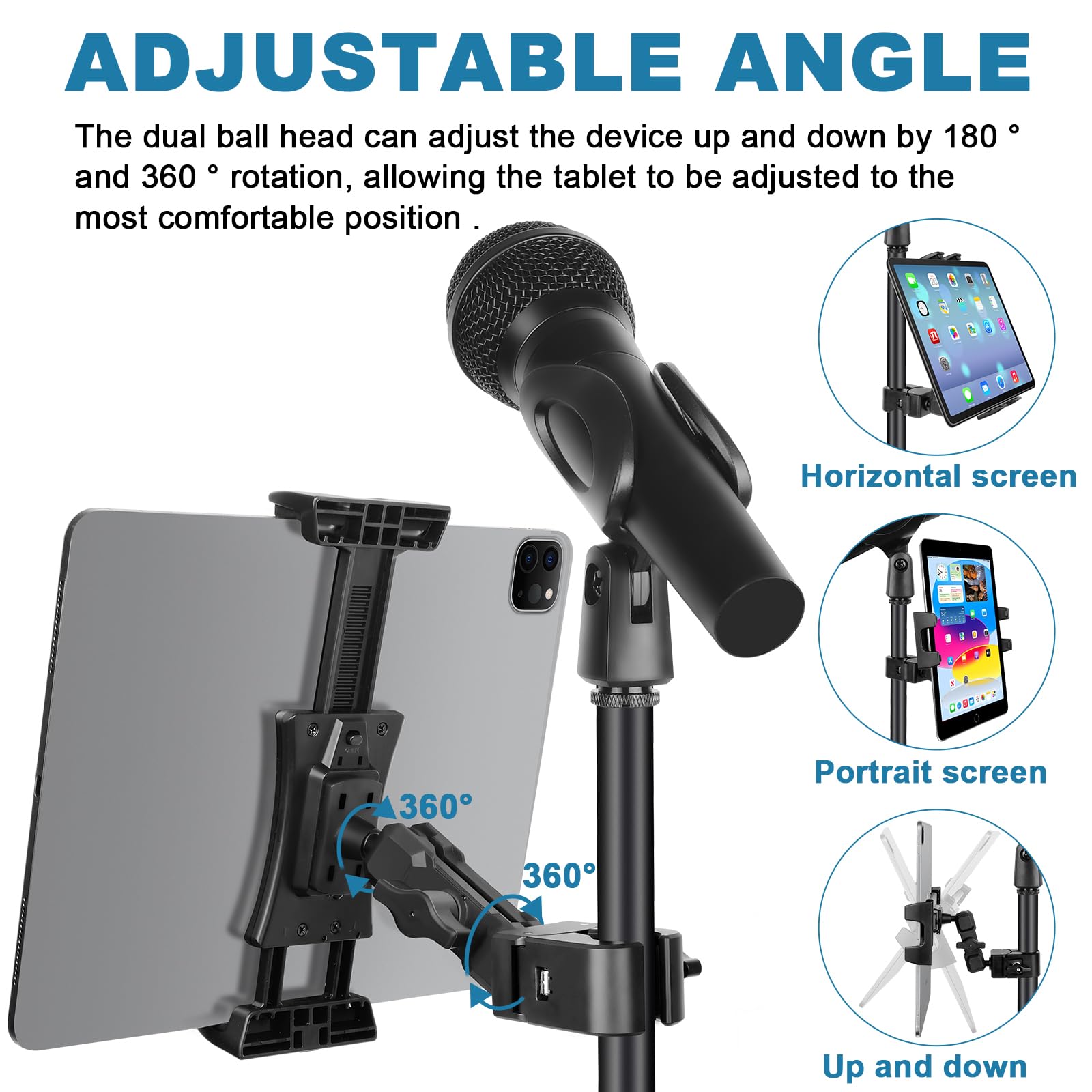Chromlives Support Tablette de Microphone Tablette et Support de Téléphone Stand Réglable Rotation à 360 ° Compatible avec iPad, iPad pro, iPad air, iPhone, Téléphone et Tablette