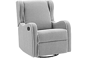 Angel Line Rebecca Upholstered Swivel Gliding Recliner with Soft Gray Linen and Delicate White Piping