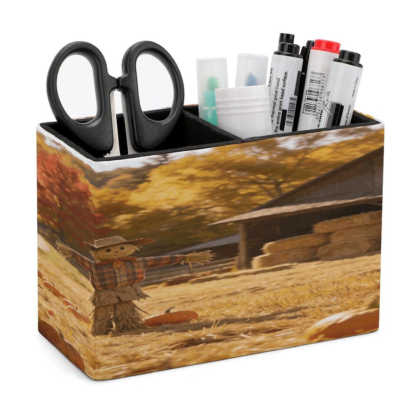 LZQPOEAS Autumn Field Watchman Pen Holder Double Compartments Pen Cup Makeup Brush Holders Leather Pencil Holder Locker Organizer for Work Locker Accessories Modern Pencil Cup for Desk